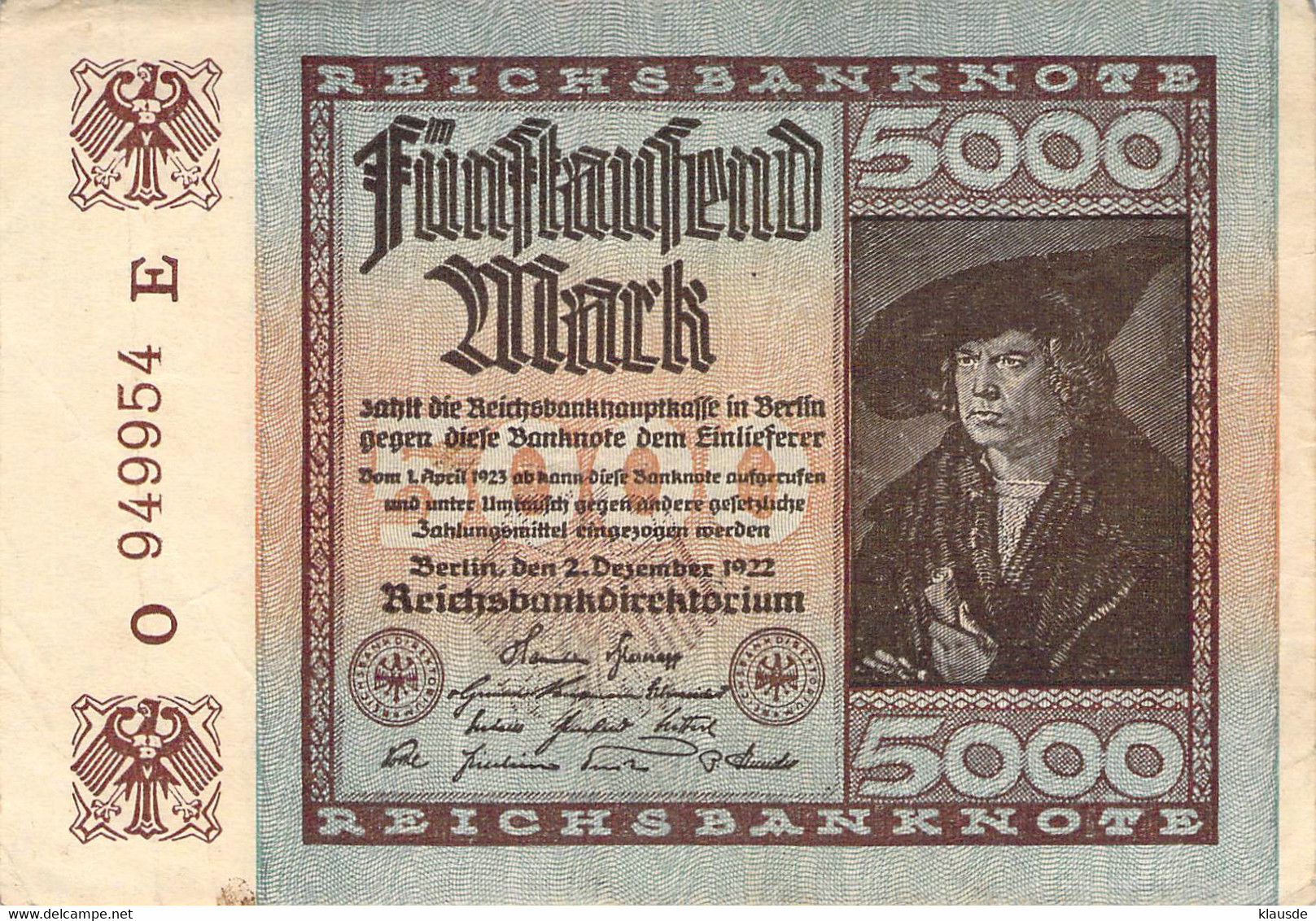 5.000 Mark 1922 Deutsche Reichsbanknote VF/F (III) - 5.000 Mark