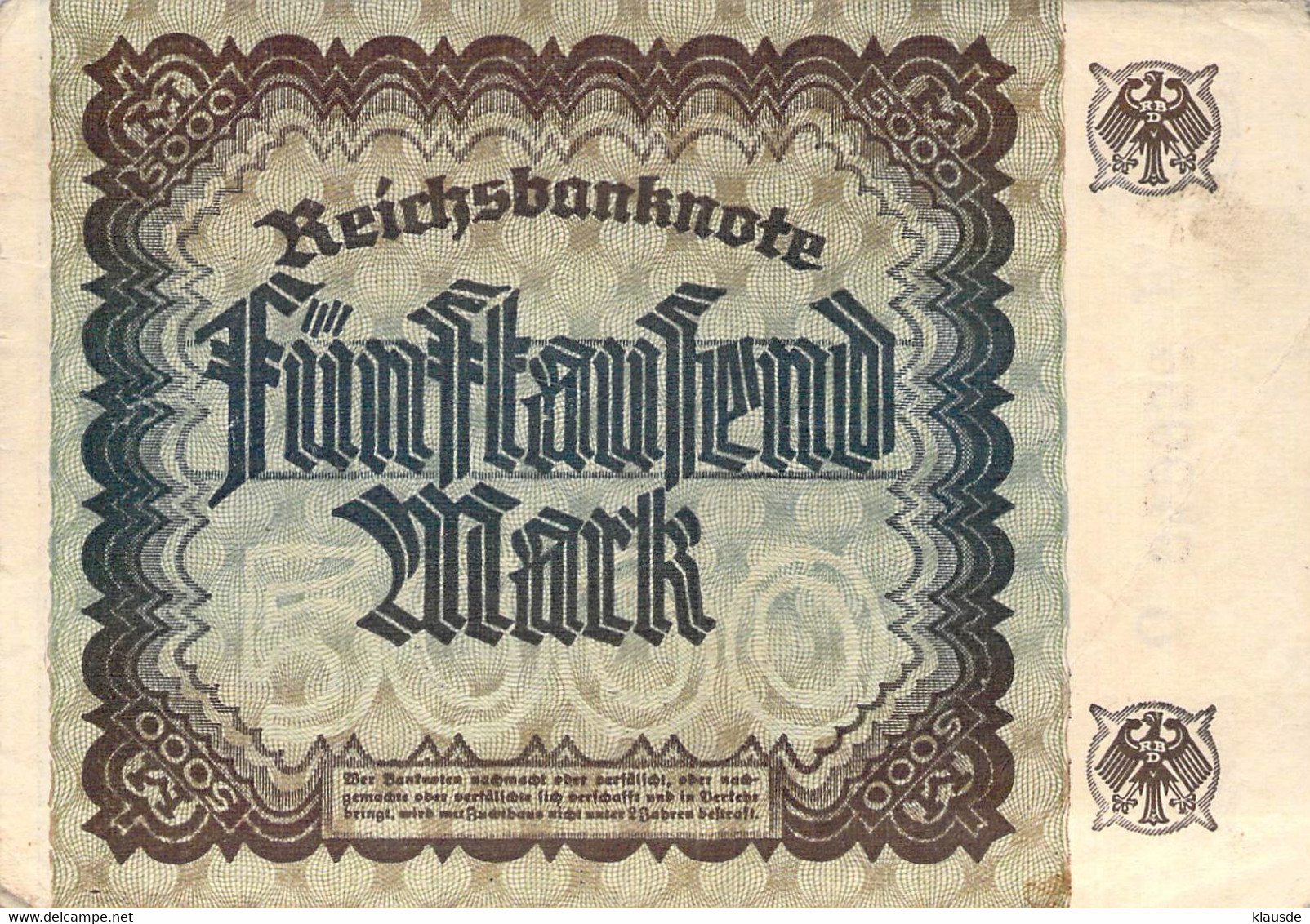 5.000 Mark 1922 Deutsche Reichsbanknote VF/F (III) - 5000 Mark