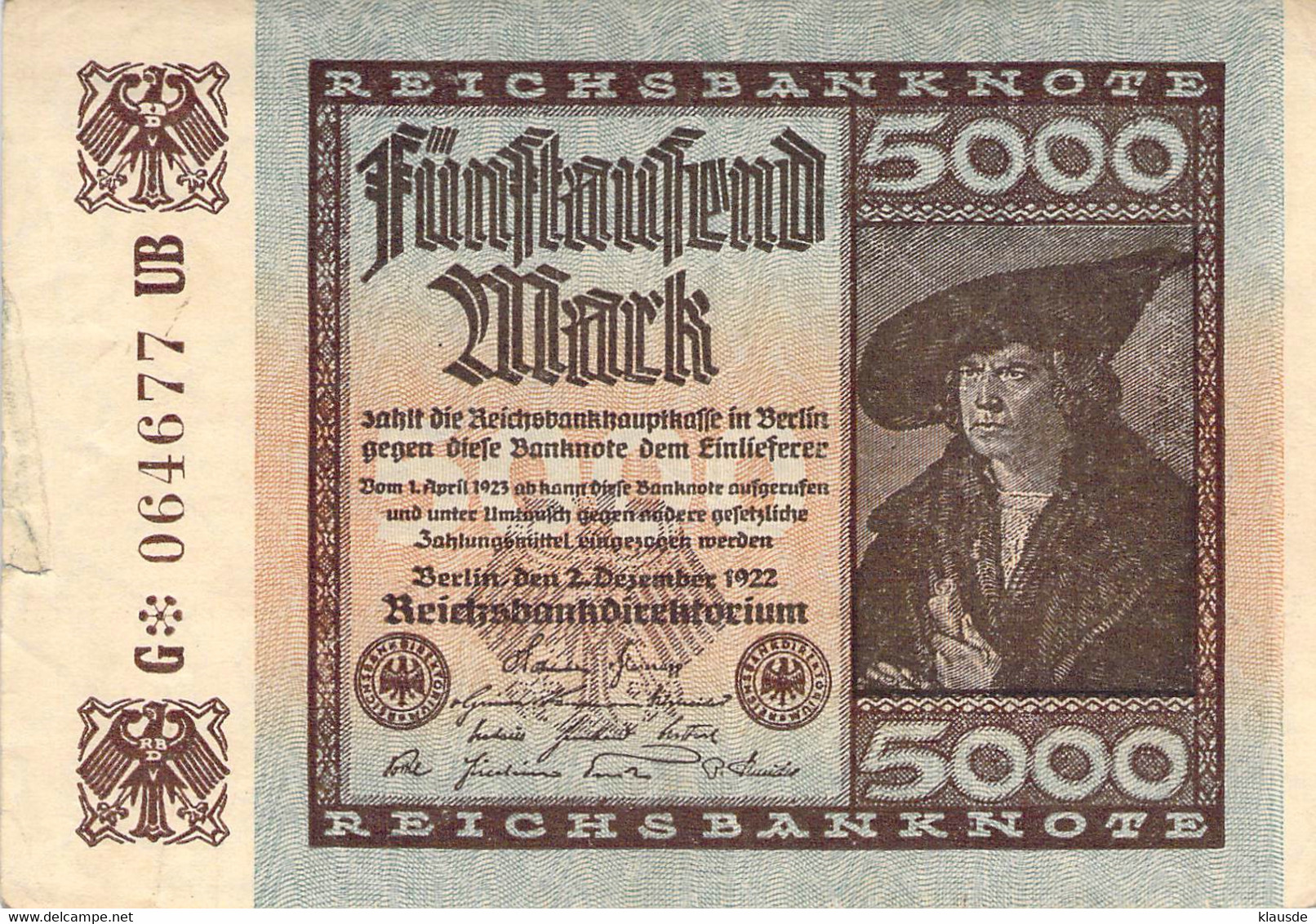 5.000 Mark 1922 Deutsche Reichsbanknote VG/G (IV) - 5000 Mark