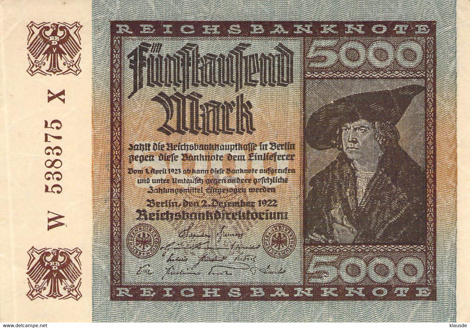 5.000 Mark 1922 Deutsche Reichsbanknote AU/EF (II) - 5.000 Mark