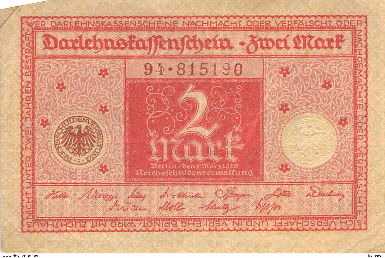 2 Mark 1920 Deutsche Reichsbanknote VG/G (IV) Darlehenskassenschein - 2 Mark