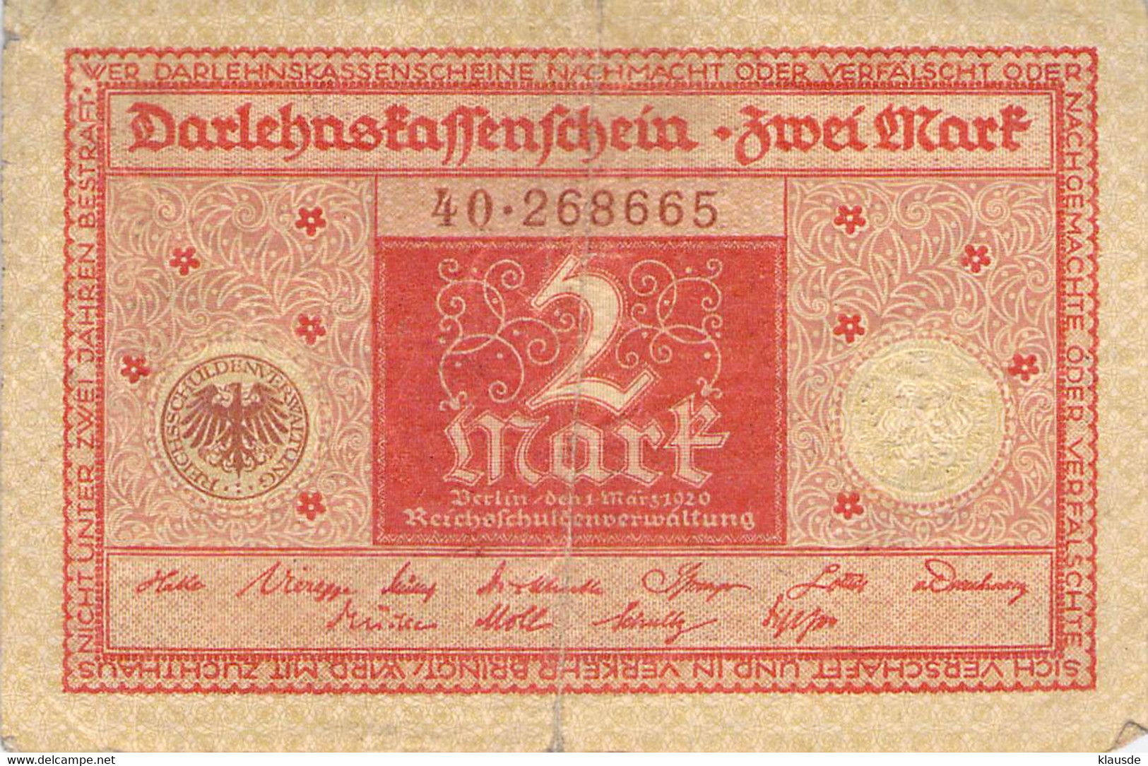 2 Mark 1920 Deutsche Reichsbanknote VG/G (IV) Darlehenskassenschein - 2 Mark