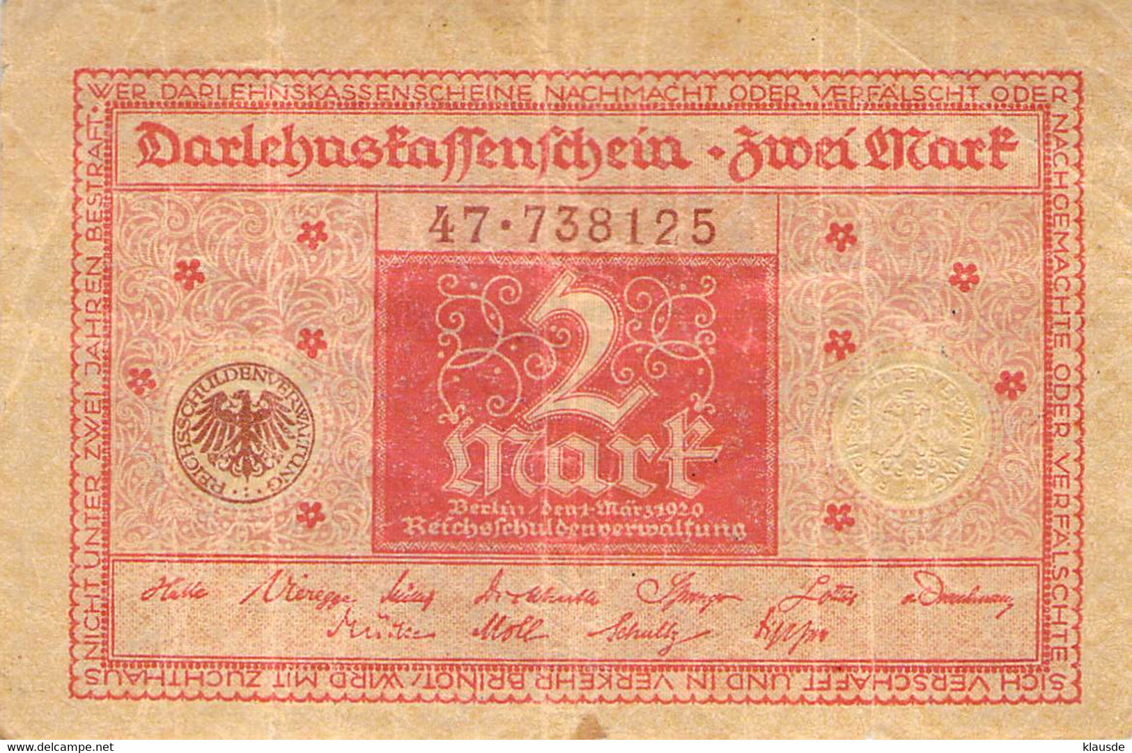 2 Mark 1920 Deutsche Reichsbanknote VG/G (IV) Darlehenskassenschein - 2 Mark