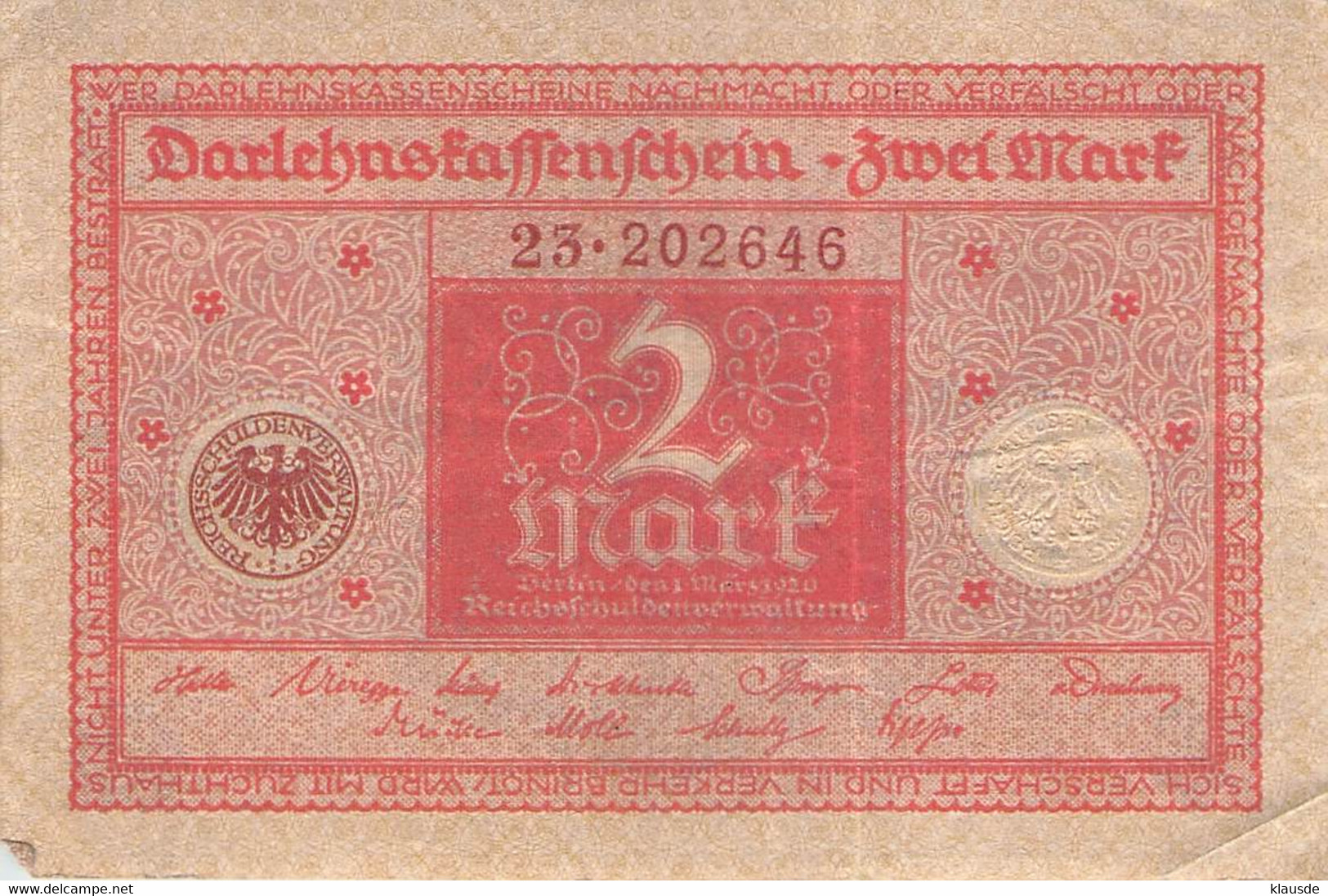 2 Mark 1920 Deutsche Reichsbanknote VG/G (IV) Darlehenskassenschein - 2 Mark