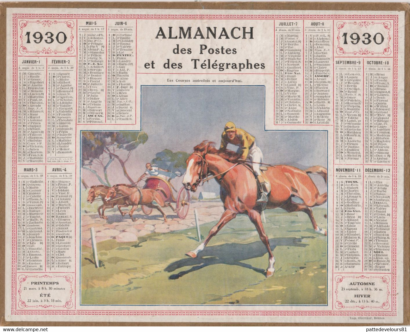 Calendrier Almanach Des Postes Et Télégraphes Oberthur Année 1930 "Les Courses Autrefois" Chevaux Horse (2 Scans) - Grand Format : 1921-40