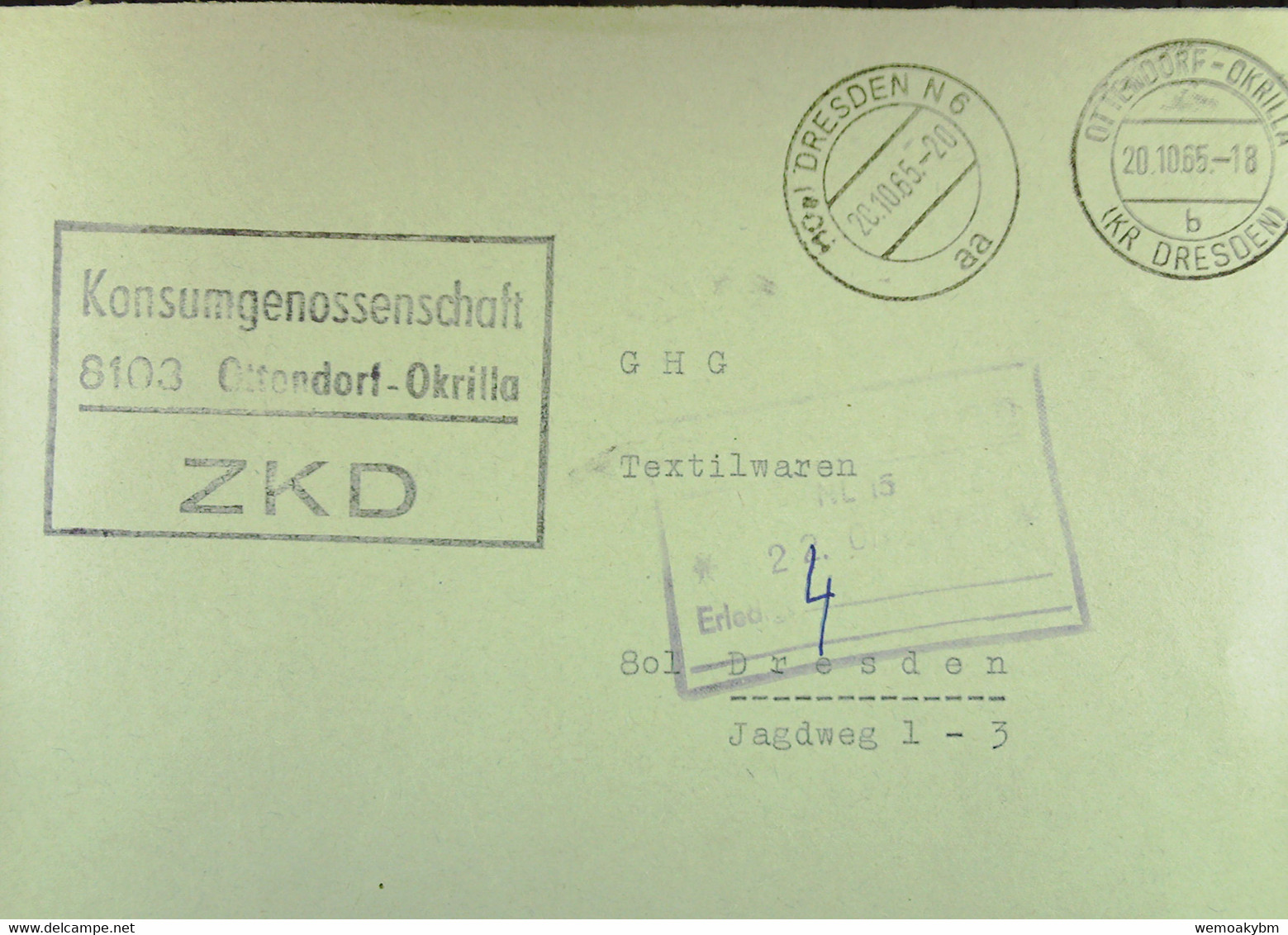 Fern-Brief Mit ZKD-Kastenstpl. "Konsumgenossenschaft 8103 Ottendorf-Okrilla" 20.10.62 An GHG Textilwaren Dresden-Land - Briefe U. Dokumente