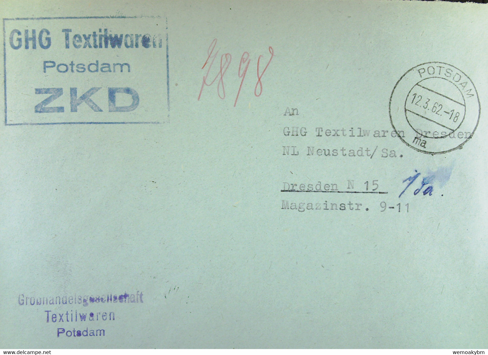 Fern-Brief Mit ZKD-Kastenstpl "GHG Textilwaren Potsdam" 12.3.62 An GHG Textilwaren Dresden NL Neustadt - Briefe U. Dokumente