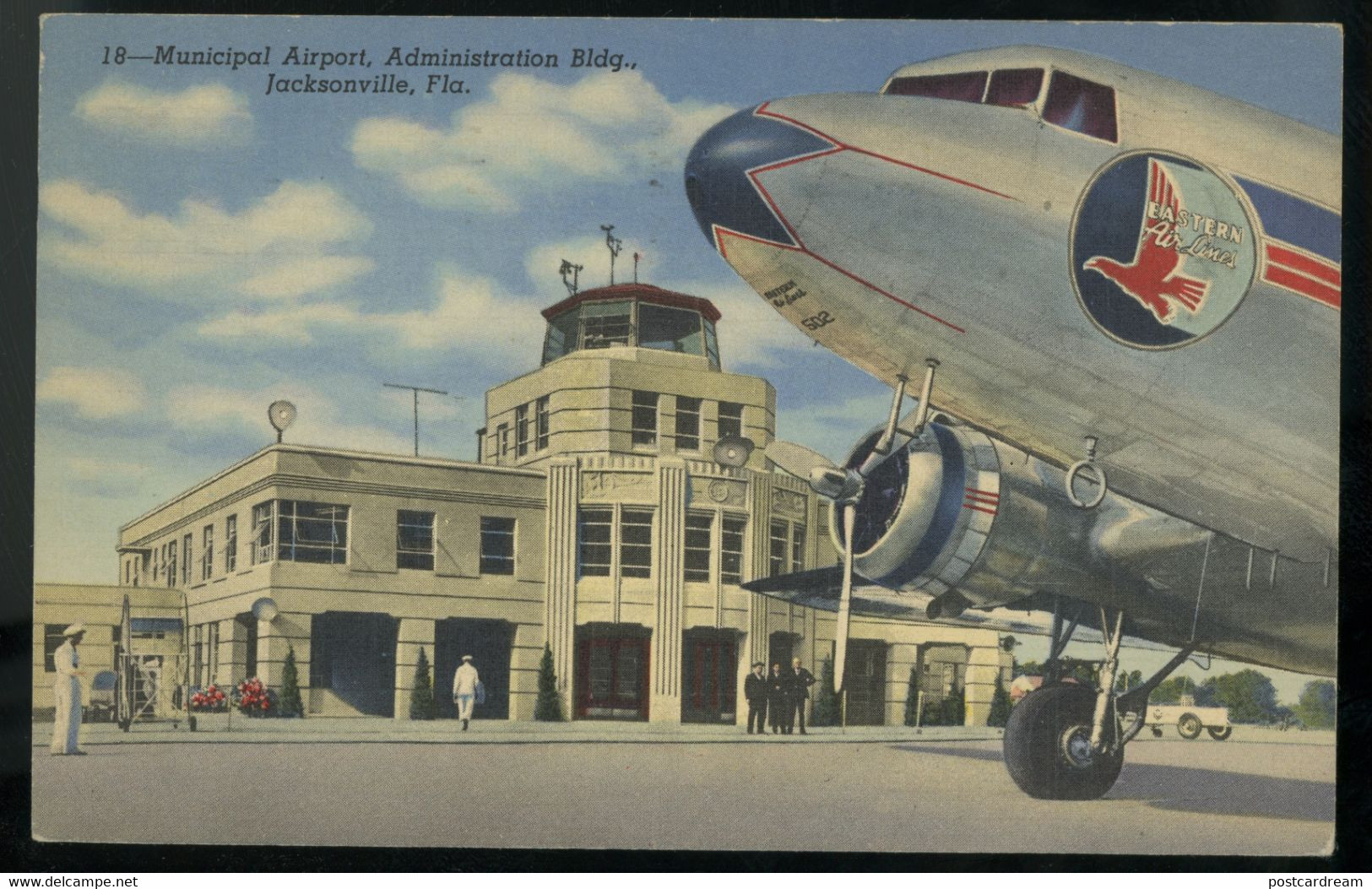 FL Postcard Jacksonville Airport Administration Building Eastern Airlines Plane 1943 Control Tower Linen Postcard - Indianapolis