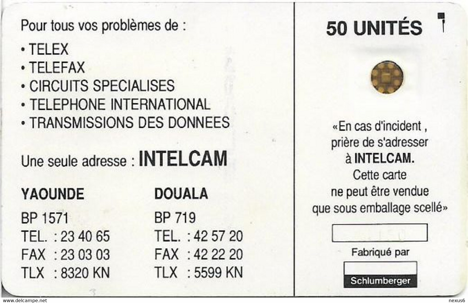 Cameroon - Intelcam - Chip - Logo Card - SC4 AFNOR, Matt, Hole 6mm, With Frame Around Chip, Cn.21150, 50Units, Used - Cameroun