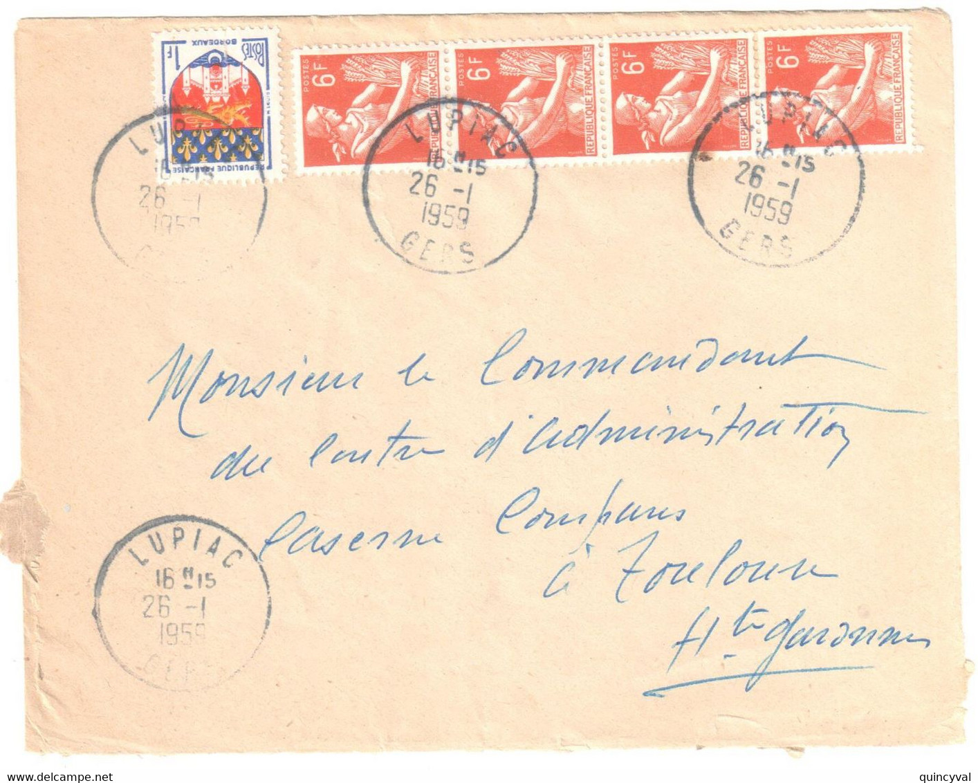 LUPIAC Gers Lettre 6 F Moissonneuse Bande De 4 1F Blason Bordeaux Ob 26 1 1959 Yv 1183 1115 - Lettres & Documents