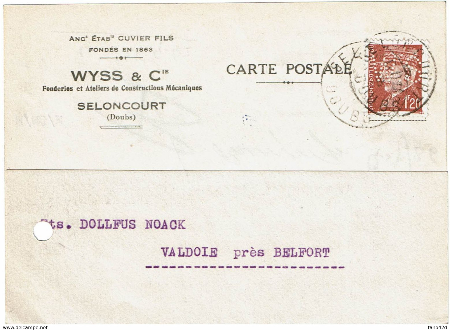 CTN64 LEFR -  PERFIN WYSS SUR PETAIN 1f20 SELONCOURT / VALDOIE SEPTEMBRE 1942 - Perforés