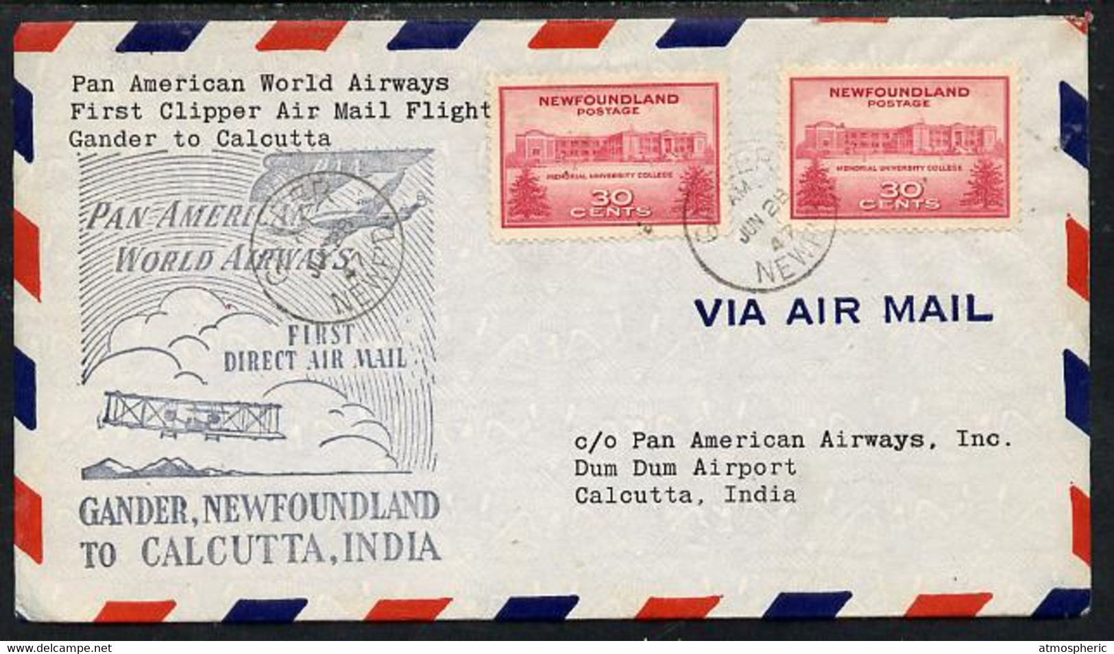 Newfoundland 1946 Pan American Airways First Clipper Air Mail Flight Cover To India - Erst- U. Sonderflugbriefe