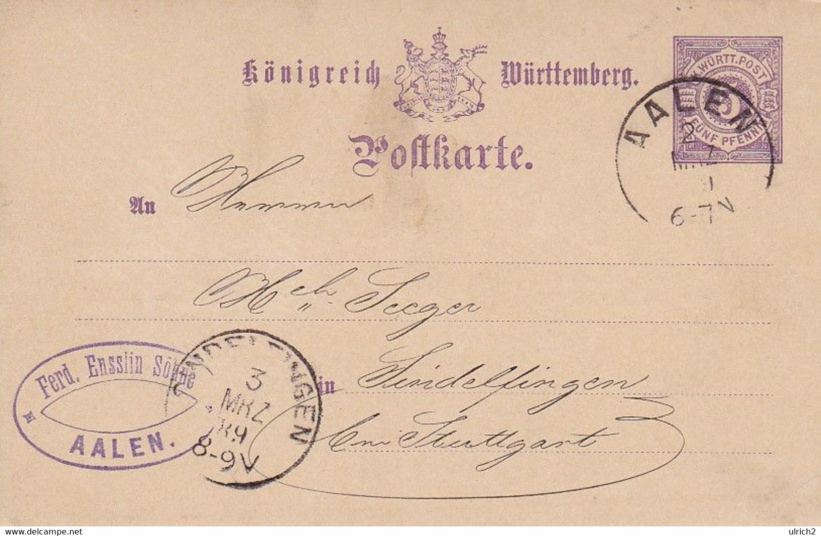 Postkarte Württemberg - Ferd. Ensslin Söhne - Aalen - 1889 (53211) - Postal  Stationery