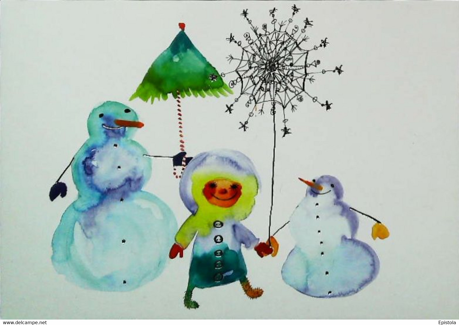 ►  Illustration  Plaisirs Hiver    Enfant Bonhomme De Neige Snowman  Parapluie Ombrella - Jeux Et Jouets