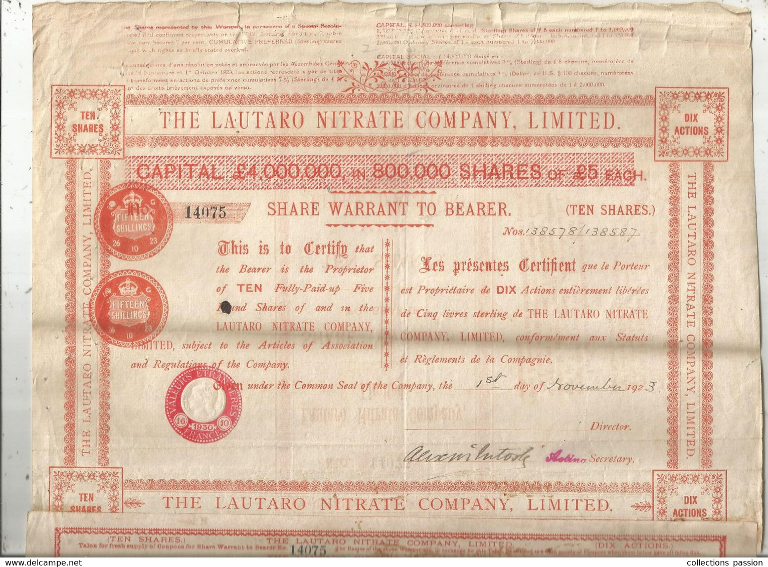 Dix Actions , Ten Shares , THE LAUTARO NITRATE COMPANY , LIMITED , 1923 , 2 Scans , Londres ,  Frais Fr 1.95 € - Altri & Non Classificati