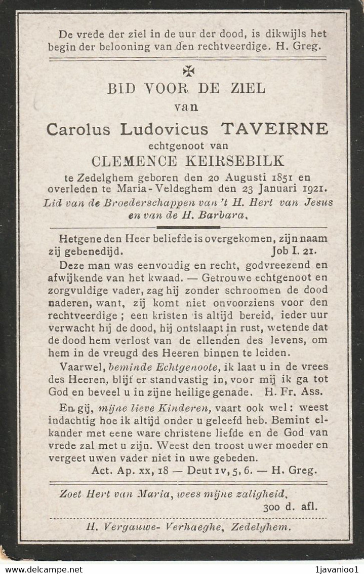 Zedelgem, Veldegem, 1921, Carolus Taveirne, Keirsebilk - Devotieprenten