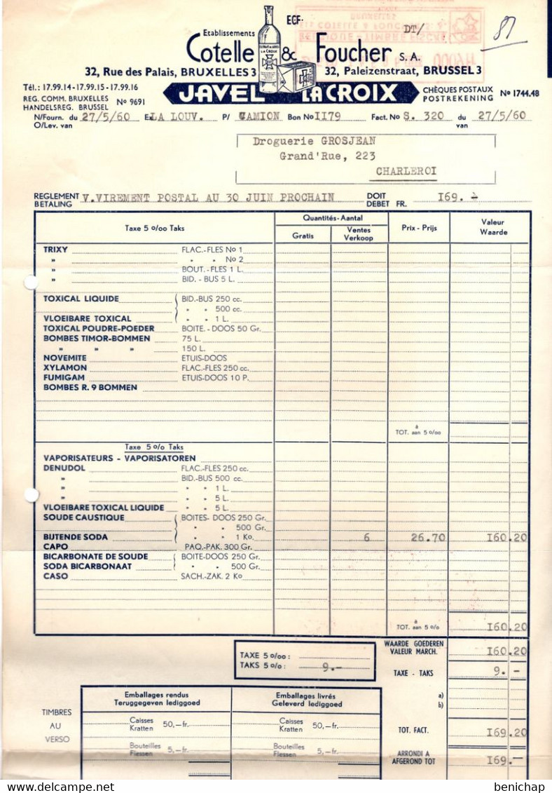 Etablissements Cotelle & Foucher - JAVEL LA CROIX - Produits SOLVAY - Bruxelles 1960. - Droguerie & Parfumerie