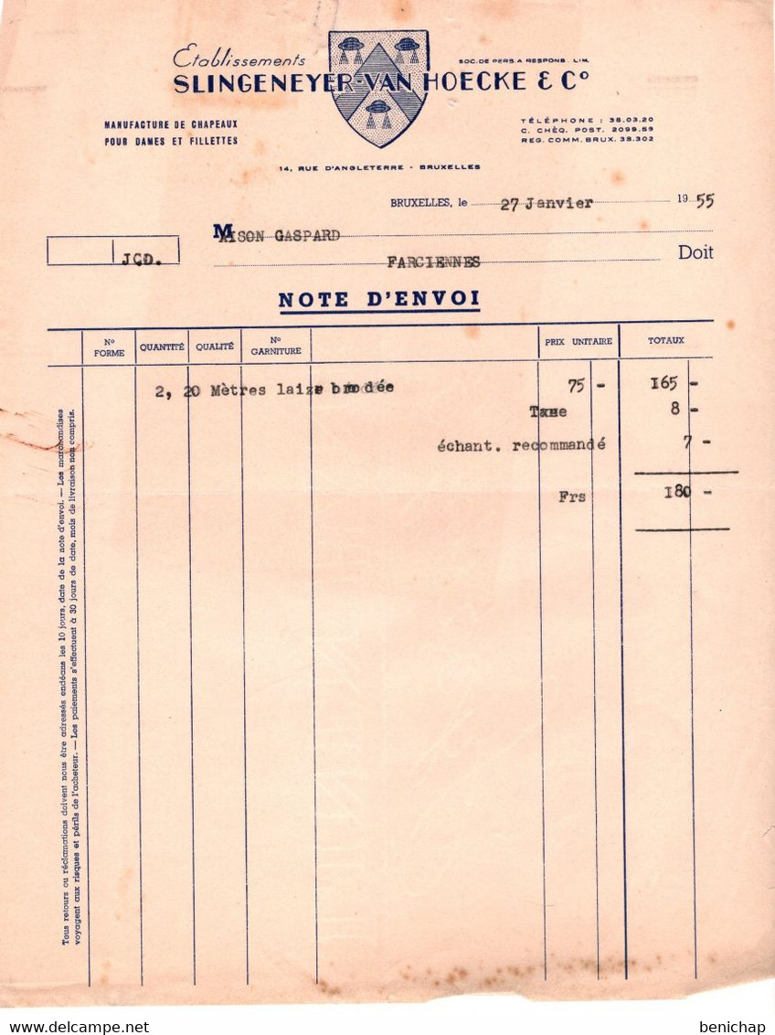 Ets Slingeneyer Van Hoecke & Cie - Manufacture De Chapeaux Pour Dames Et Fillettes - Bruxelles 1955. - Textile & Vestimentaire