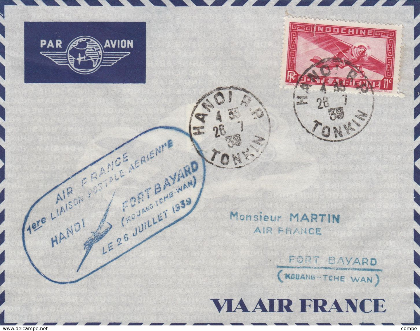 LETTRE. 26 7 39. AIR FRANCE. 1° LIAISON HANOI FORT-BAYARD (KOU-OUANG-TCHE-WAN CHINA) - Cartas & Documentos