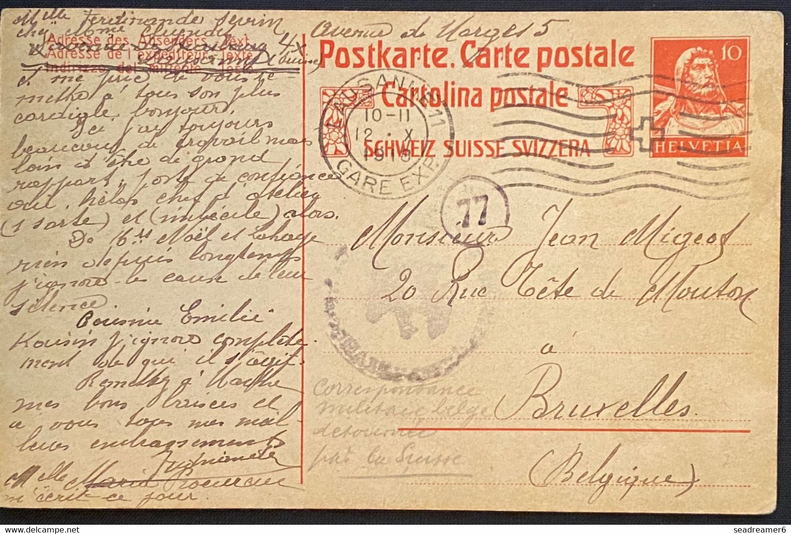 Entier Suisse Correspondance Militaire Belge De Lausanne Pour Bruxelles Probable "Smokkelpost" + Censure Allemande RR - Army: Belgium