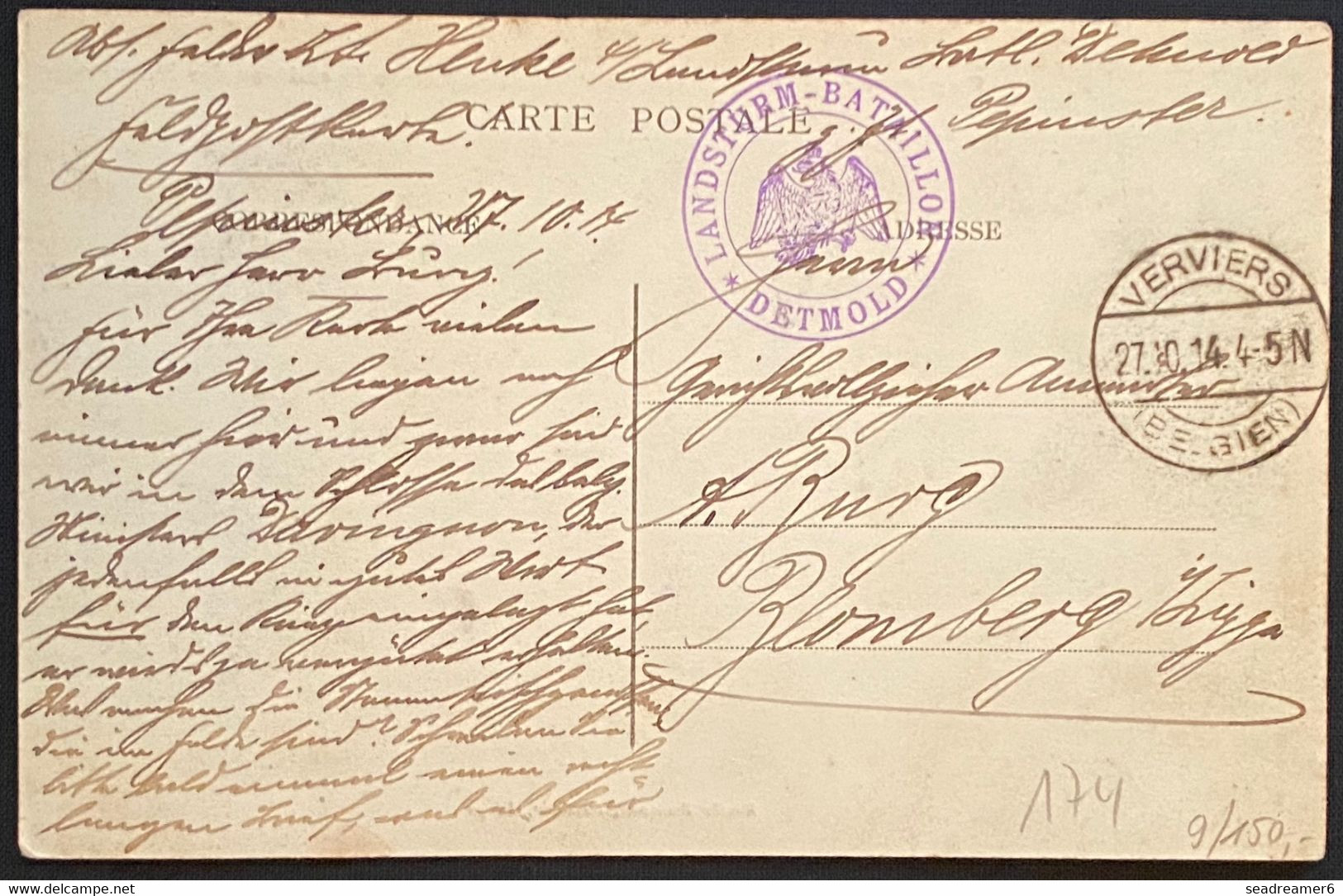 Carte Postale Belgique Armée Belge De Verviers En Suisse Pour Blomberg + Cachet Landsturm Bataillon  Detmold TTB - Army: Belgium