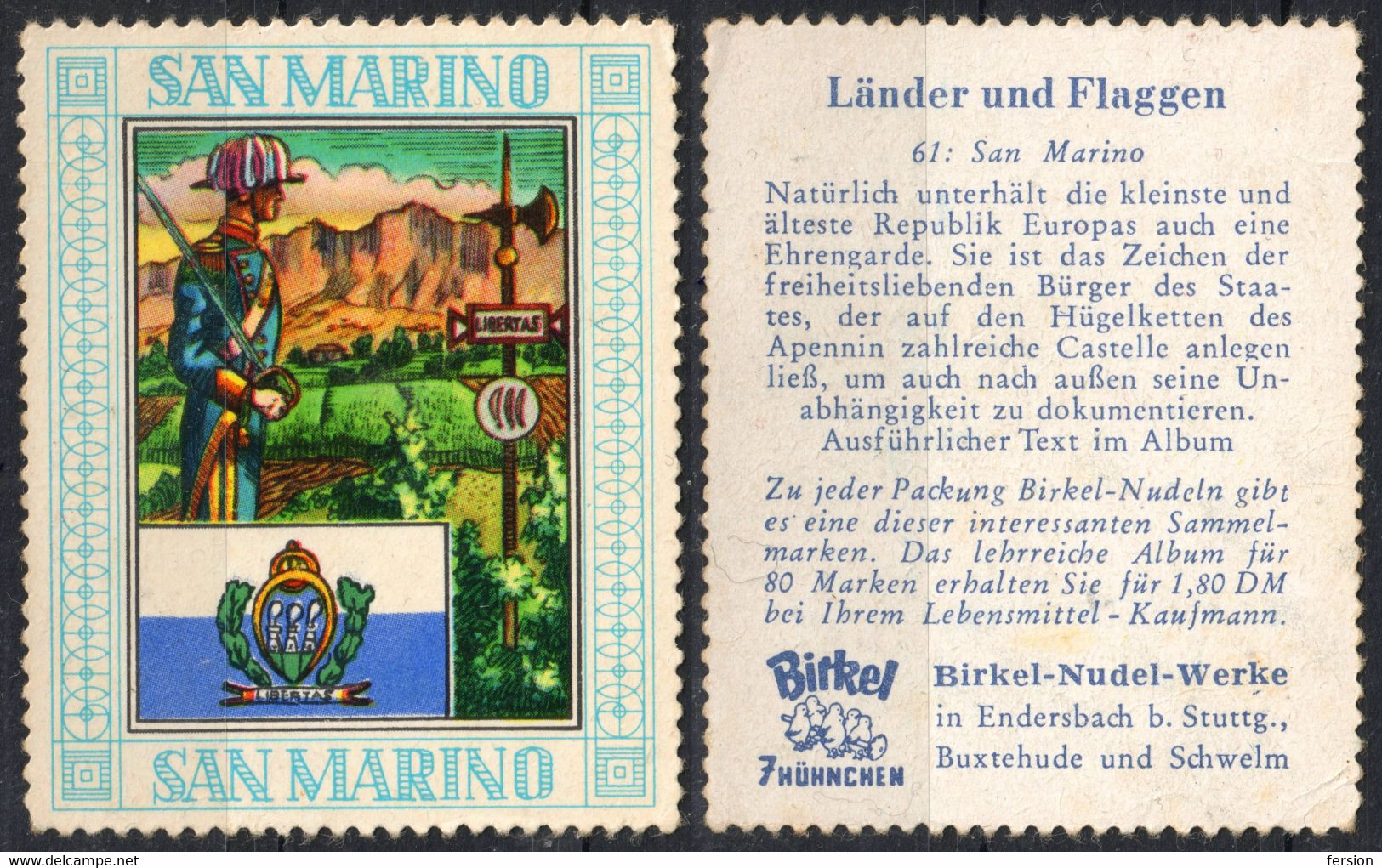 Soldier Sword SAN MARINO FLAG - BIRKEL Noodle Pasta FOOD Industry Factory Label Vignette Cinderella GERMANY Mannheim - Autres & Non Classés