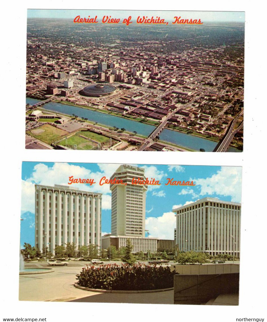 2 Different WICHITA, Kansas, USA, Aerial View & Garvey Center, Old Chrome Postcard - Wichita