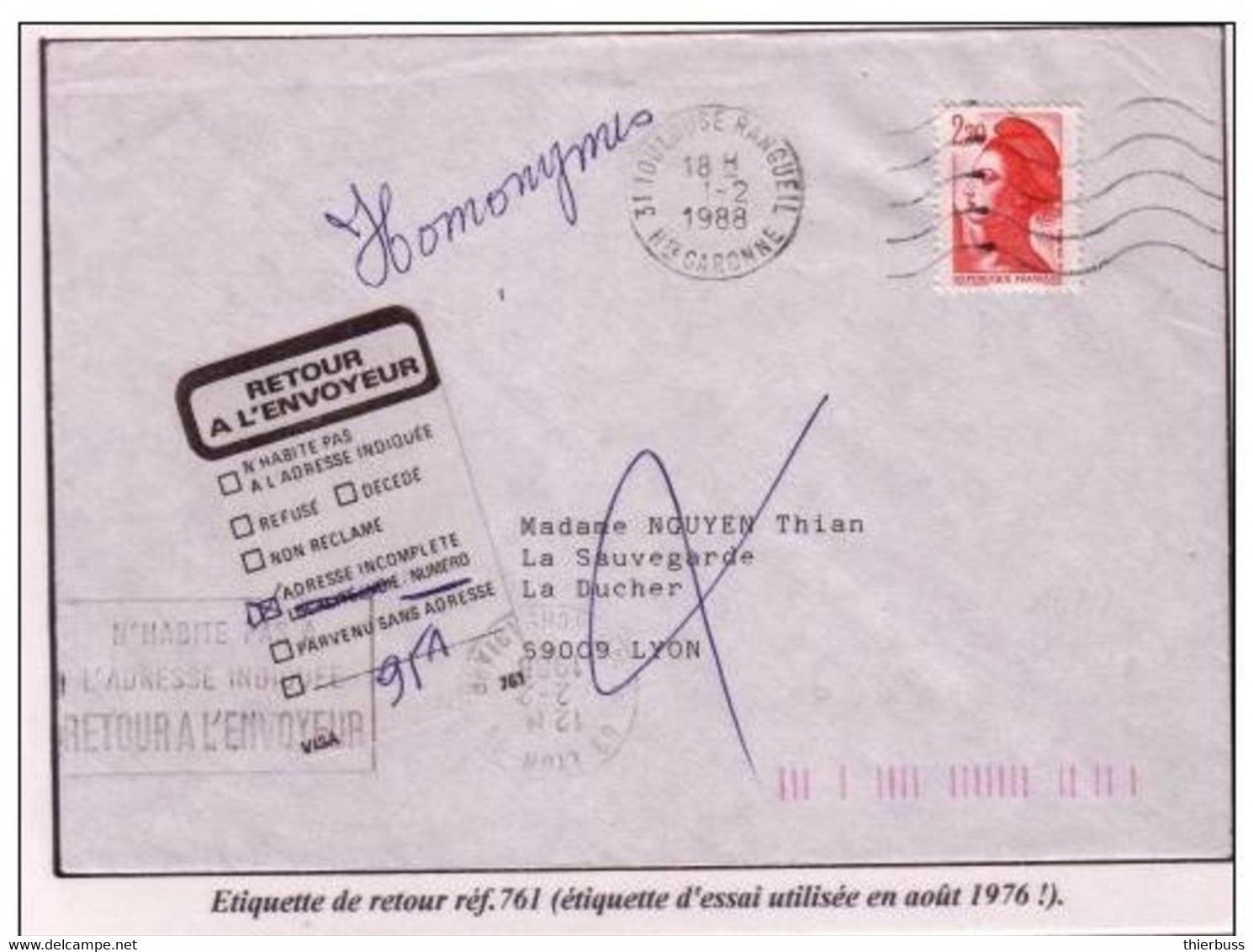 2F20 LIBERTE Lettre Avec étiquette De Retour Réf, 761 éssai Utilisé En 1976 - Brieven En Documenten