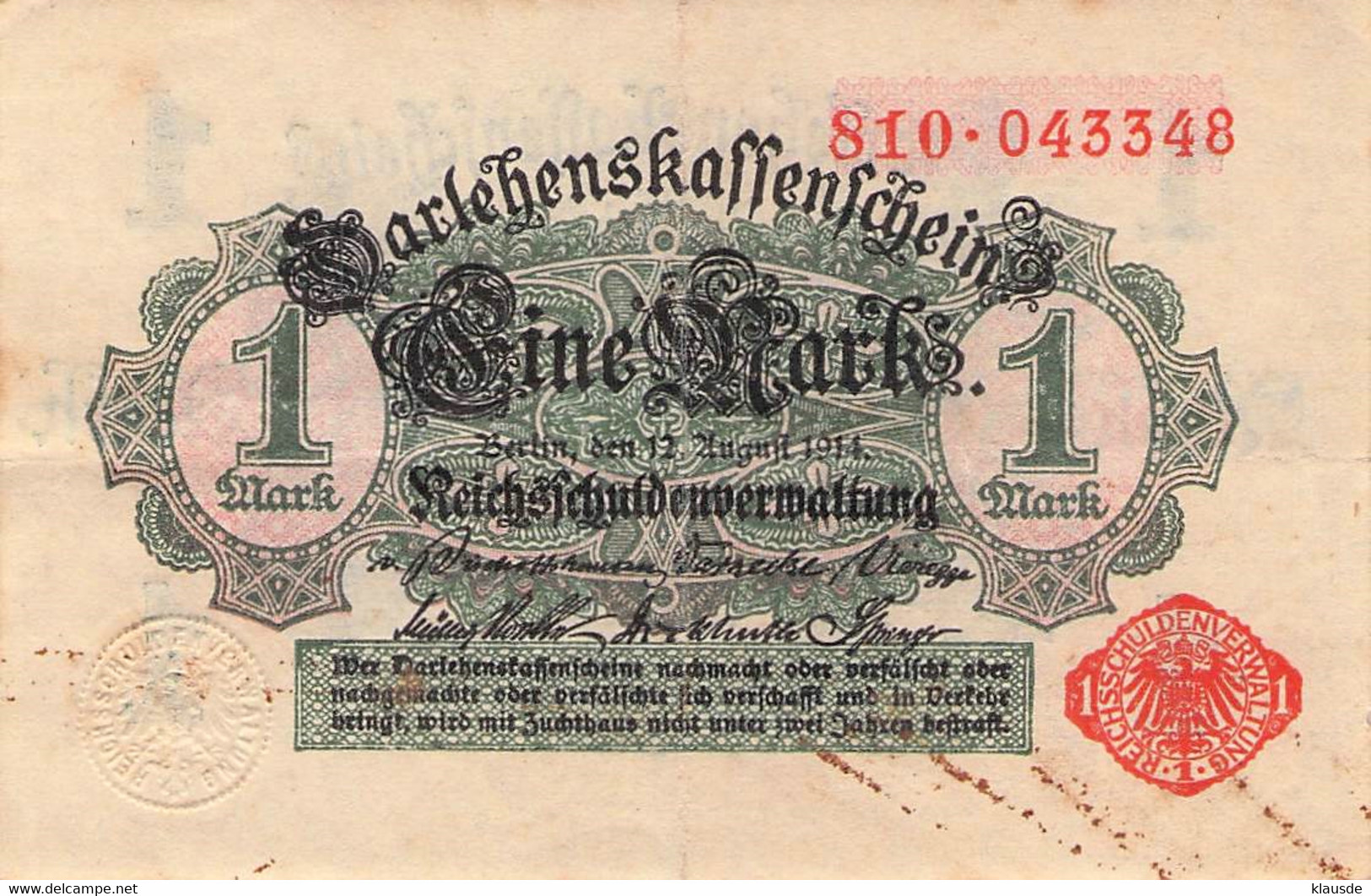 1 Mark 1914 Deutsche Reichsbanknote VG/G (IV)  Darlehenskassenschein - 1 Mark