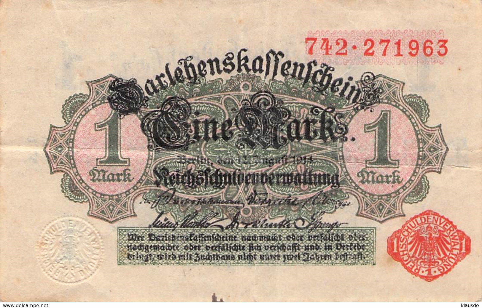 1 Mark 1914 Deutsche Reichsbanknote VG/G (IV)  Darlehenskassenschein - 1 Mark