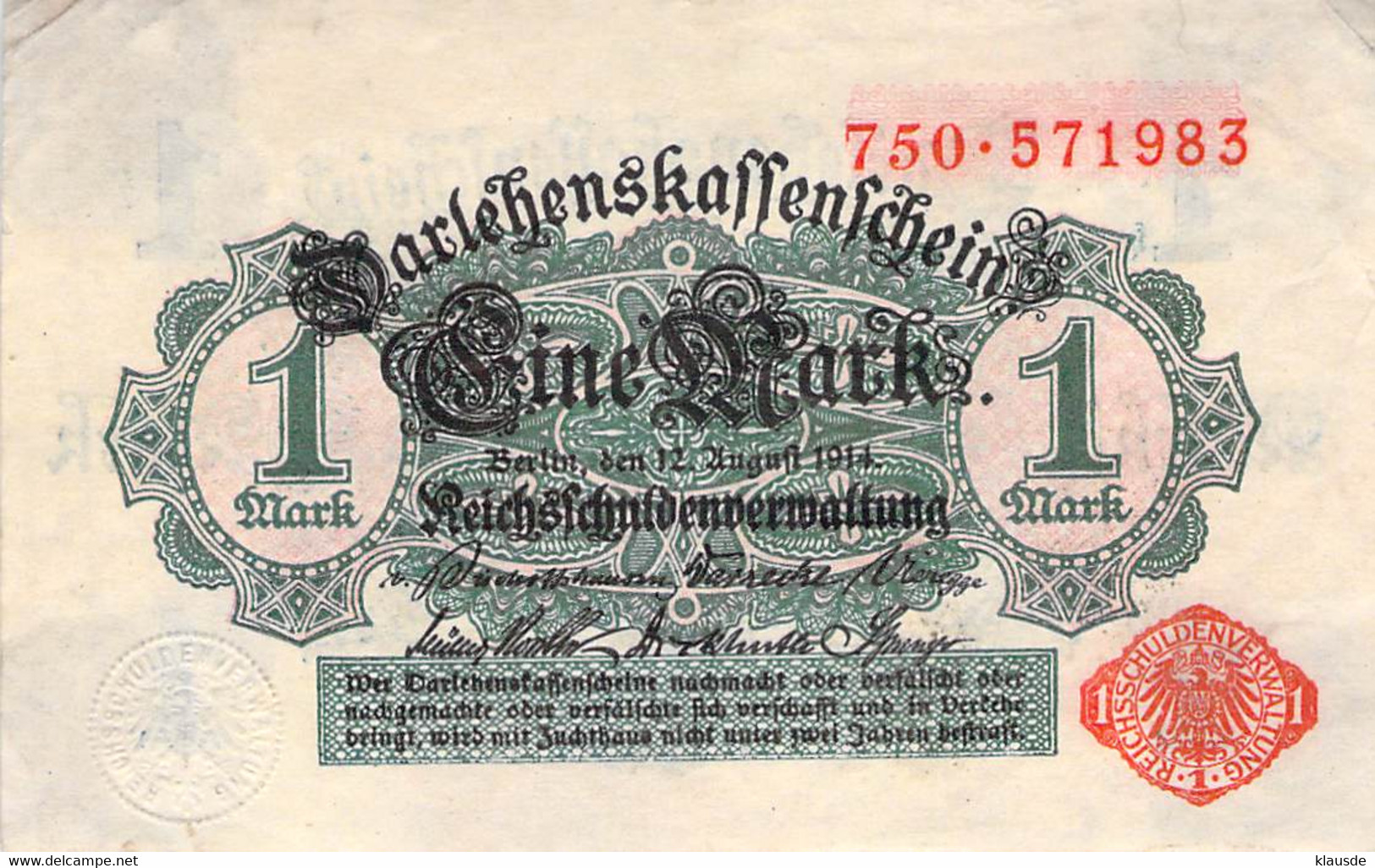 1 Mark 1914 Deutsche Reichsbanknote VG/G (IV)  Darlehenskassenschein - 1 Mark