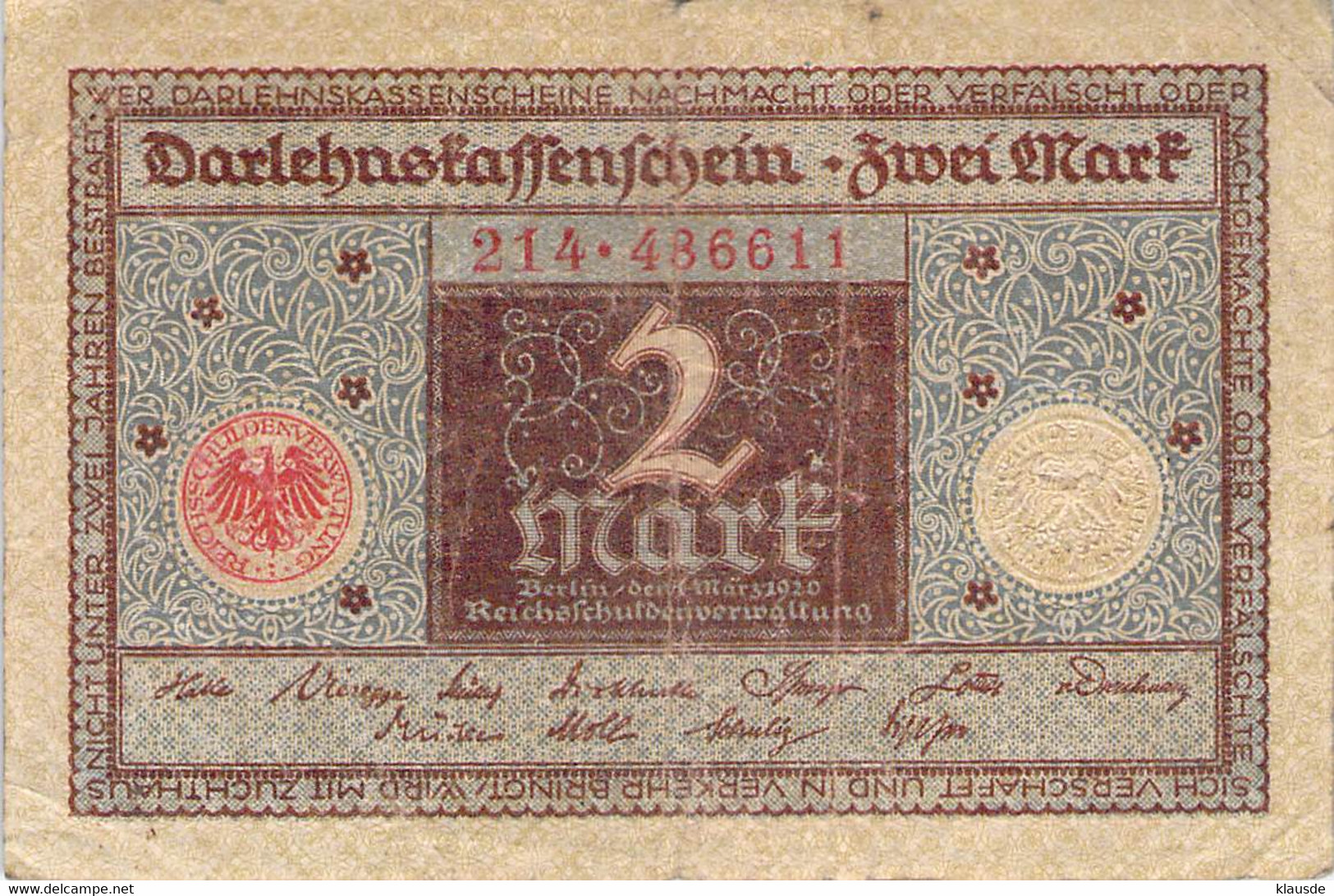 2 Mark 1920 Deutsche Reichsbanknote VG/G (IV) Darlehenskassenschein - 2 Mark