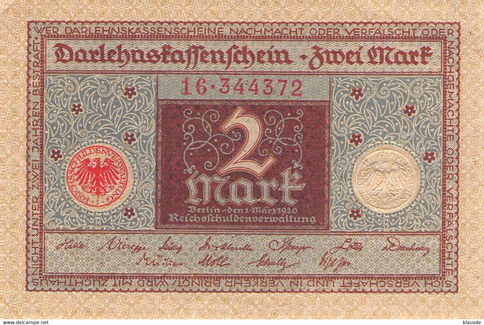 2 Mark 1920 Deutsche Reichsbanknote AU/EF (II) Darlehenskassenschein - 2 Mark