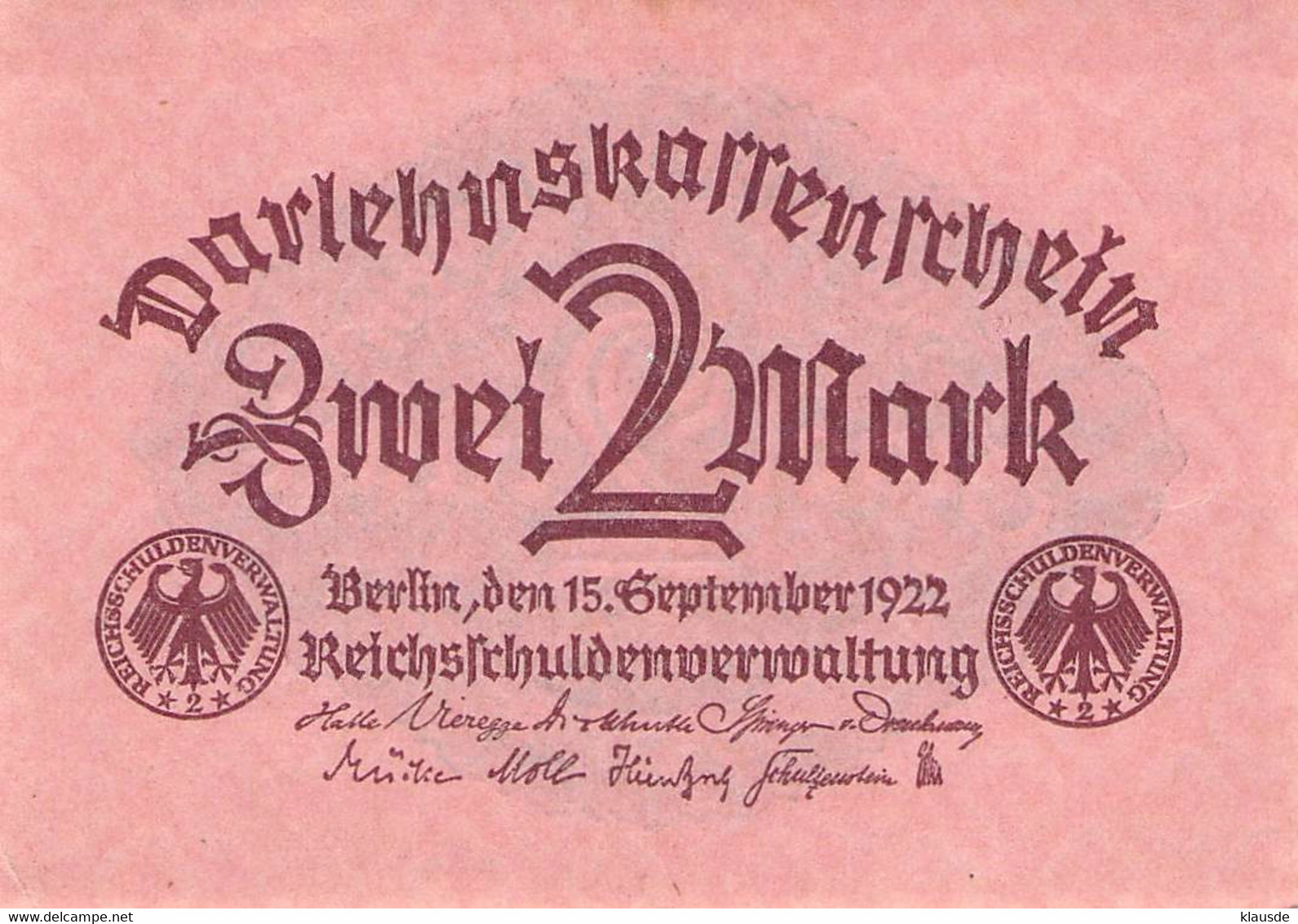 2 Mark 1922 Deutsche Reichsbanknote UNC (I) Darlehenskassenschein - 2 Mark