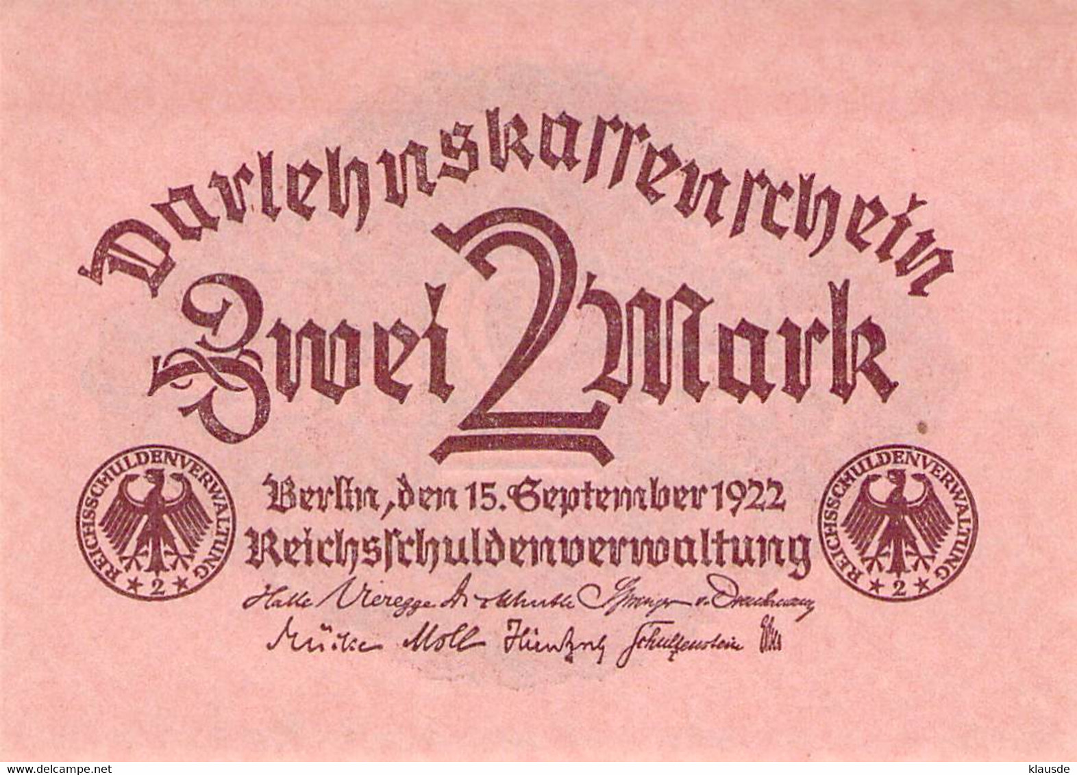 2 Mark 1922 Deutsche Reichsbanknote UNC (I) Darlehenskassenschein - 2 Mark