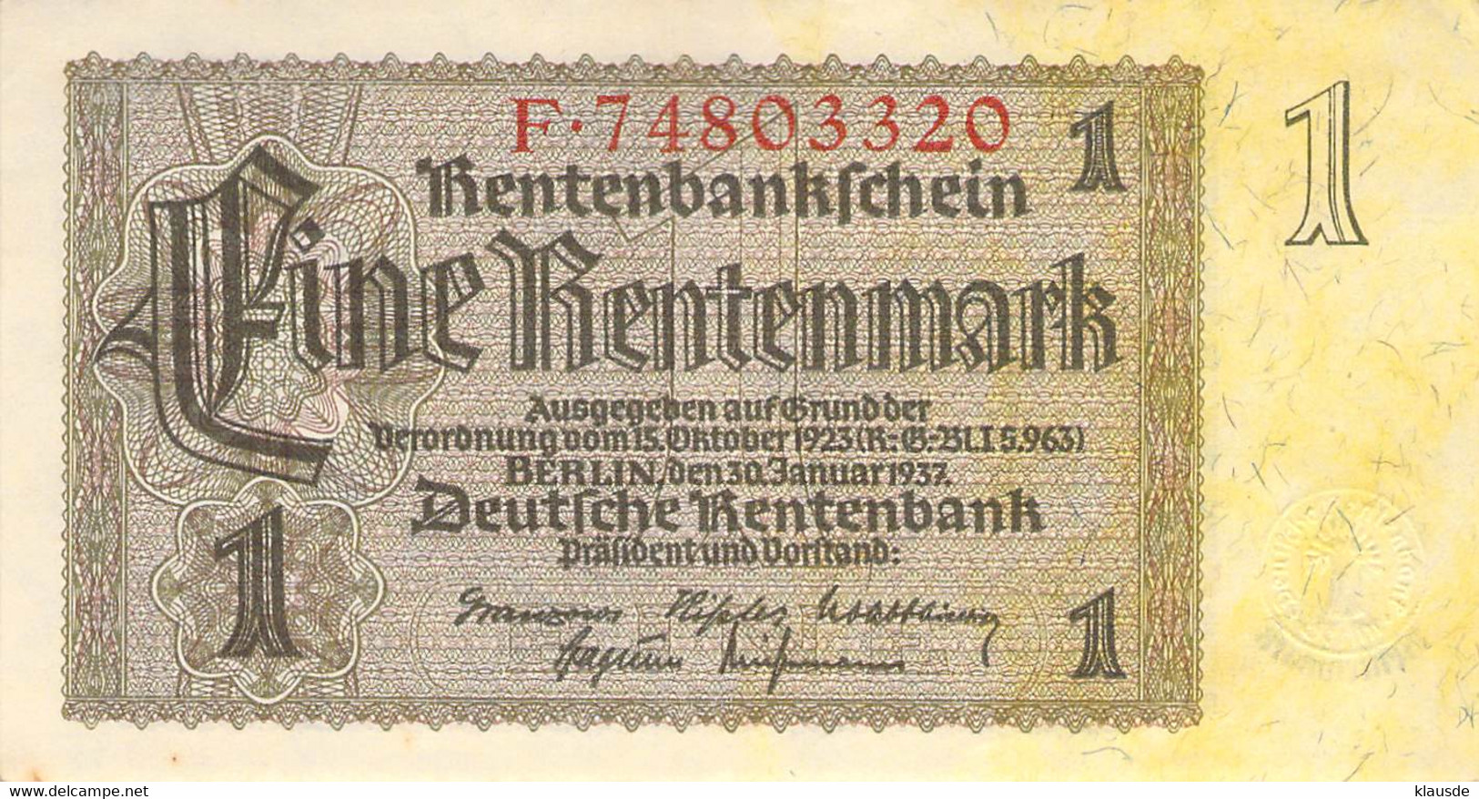 1 Rentenmark Deutsche Rentenbank 1937 UNC (I) - 1 Rentenmark