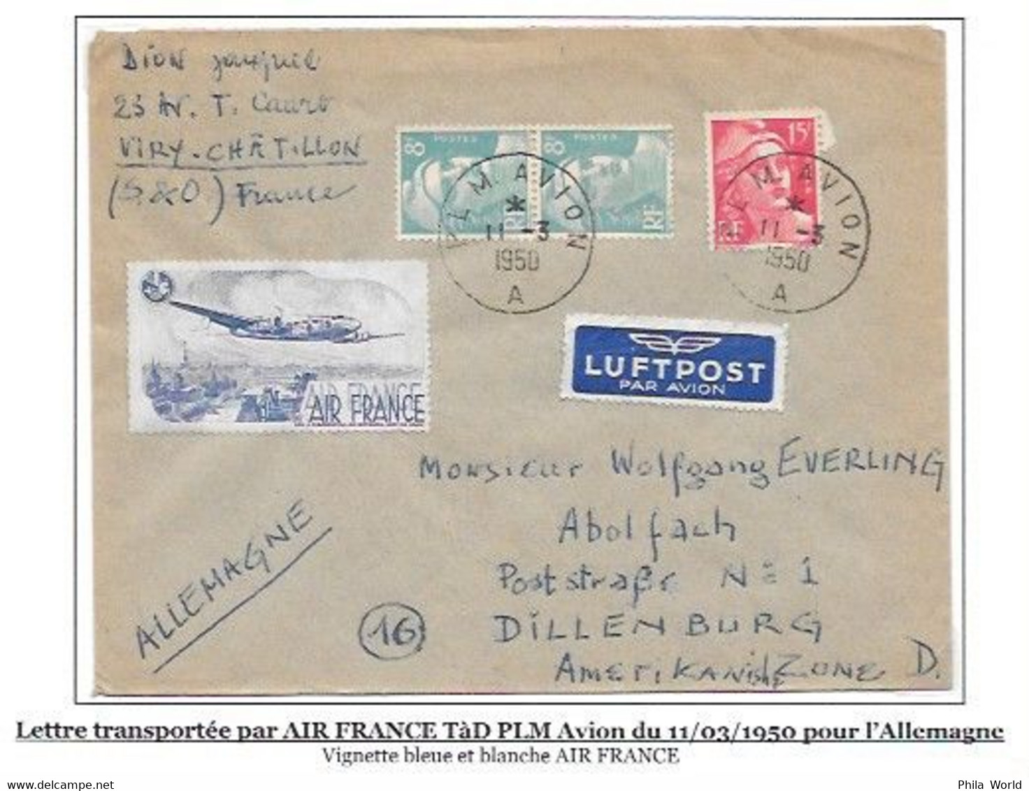 AIR FRANCE - 1950 Vignette LABEL Sur Lettre PLM AVION Pour ALLEMAGNE + LUFTPOST PAR AVION Aff GANDON - Aerei