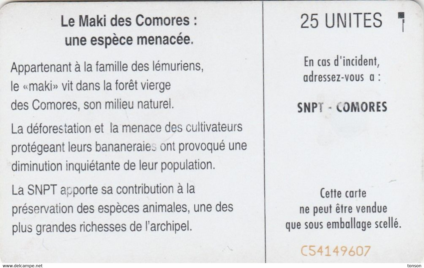 Comoros, KM-OPT-0008E, Le Maki Des Comores (SC7 - With Moreno Logo), Monkey, 2 Scans.   CN Bottom Right - Comoros