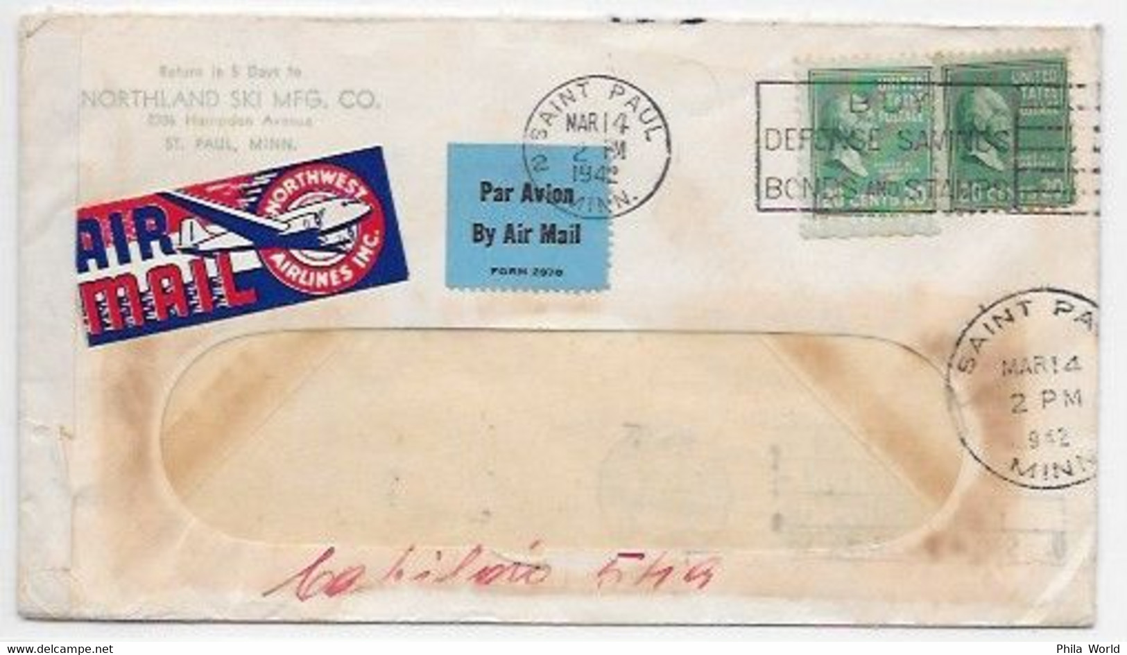 NORTHWEST AIRLINES  - 1942 WW2 Cover US SAINT PAUL > ARGENTINA Avec Vignette Label Of The Company + Censored 4077 - Flugzeuge