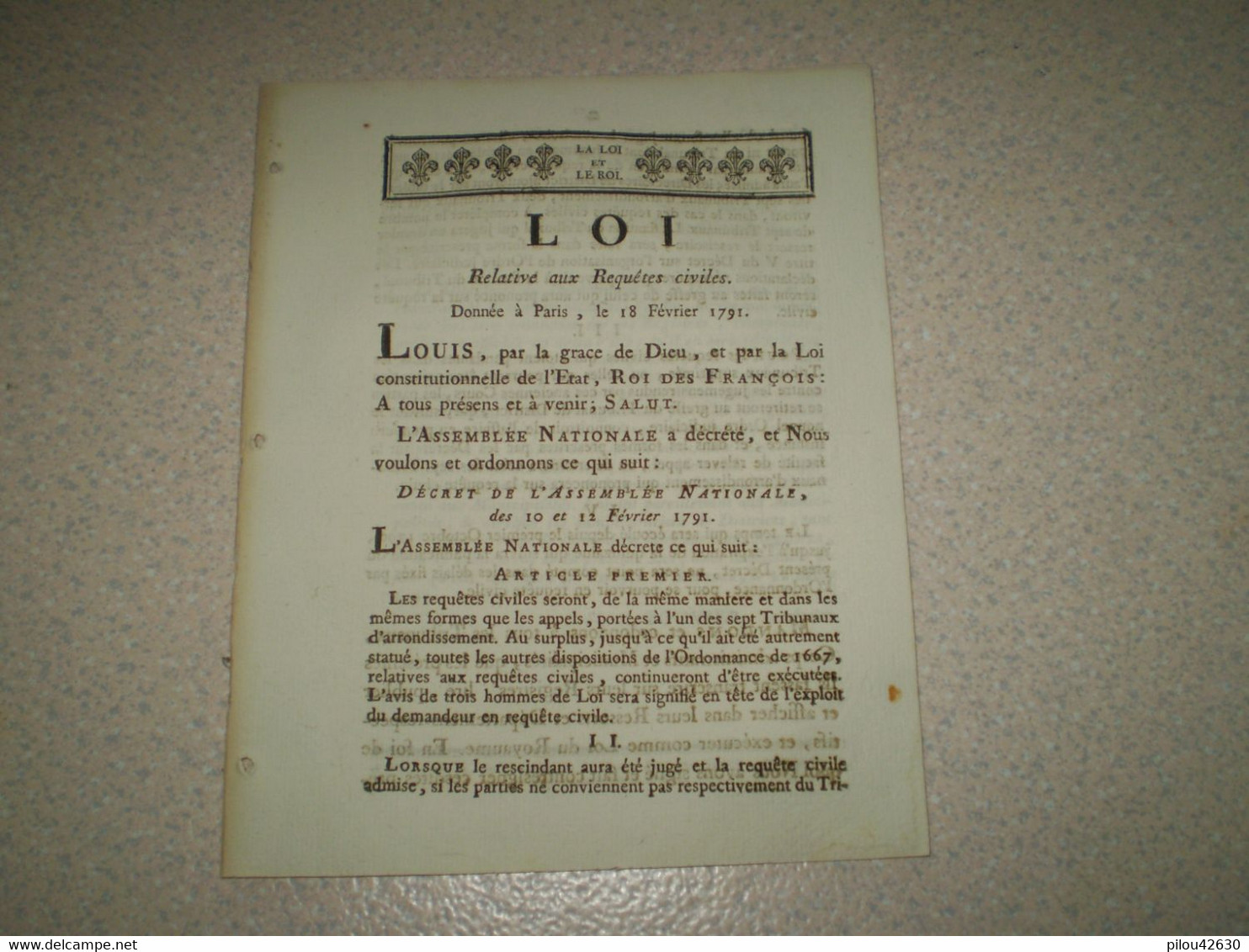 1791 Loi De Louis XVI Relative Aux Requêtes Civiles. Imprimerie JJ Viret Valence, Drôme - Décrets & Lois