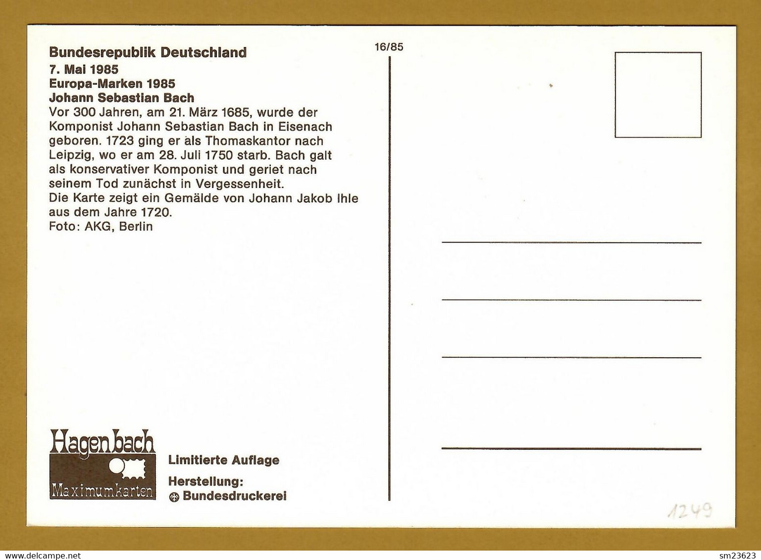 BRD 1985  Mi.Nr. 1249 ,  EUROPA CEPT Johann Sebastian Bach - Maximum Card - Erstausgabe Bonn 7.5.1985 - 1985