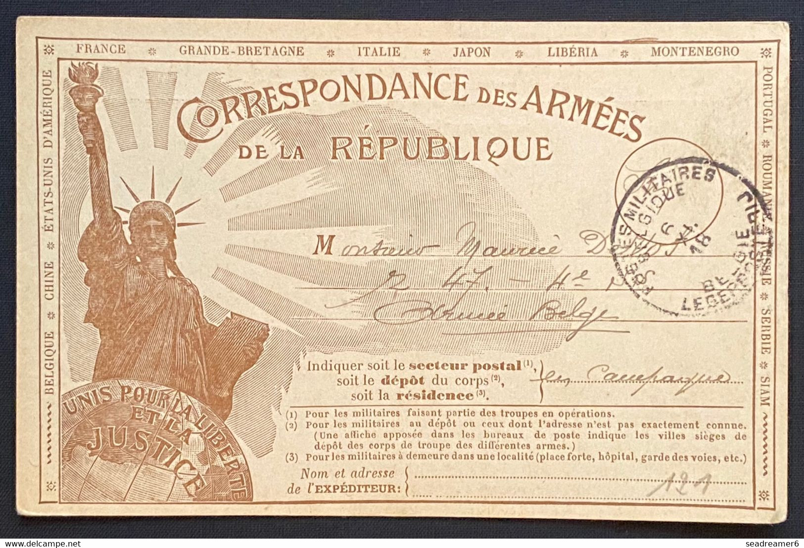 Carte Correspondance Des Armées De La Republique  Belge, Cachet " Postes Militaires Belgique " TTB - Belgisch Leger