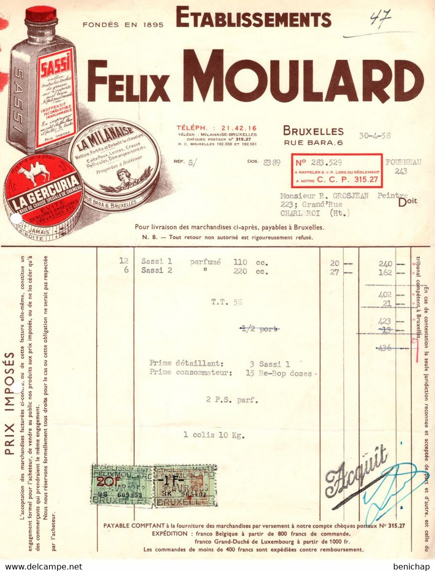 Ets. Félix Moulard - Sassi - La Milanaise - La Gercuria - Bruxelles 1958. - Droguerie & Parfumerie