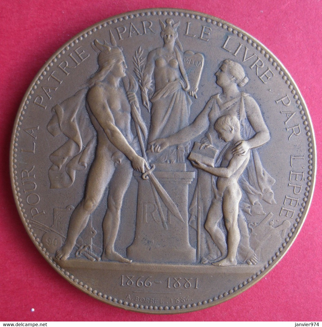 Médaille Ligue Française De L'Enseignement, Education Civique Et Militaire 1966 1881, Par Borrel En 1884 - Professionali / Di Società