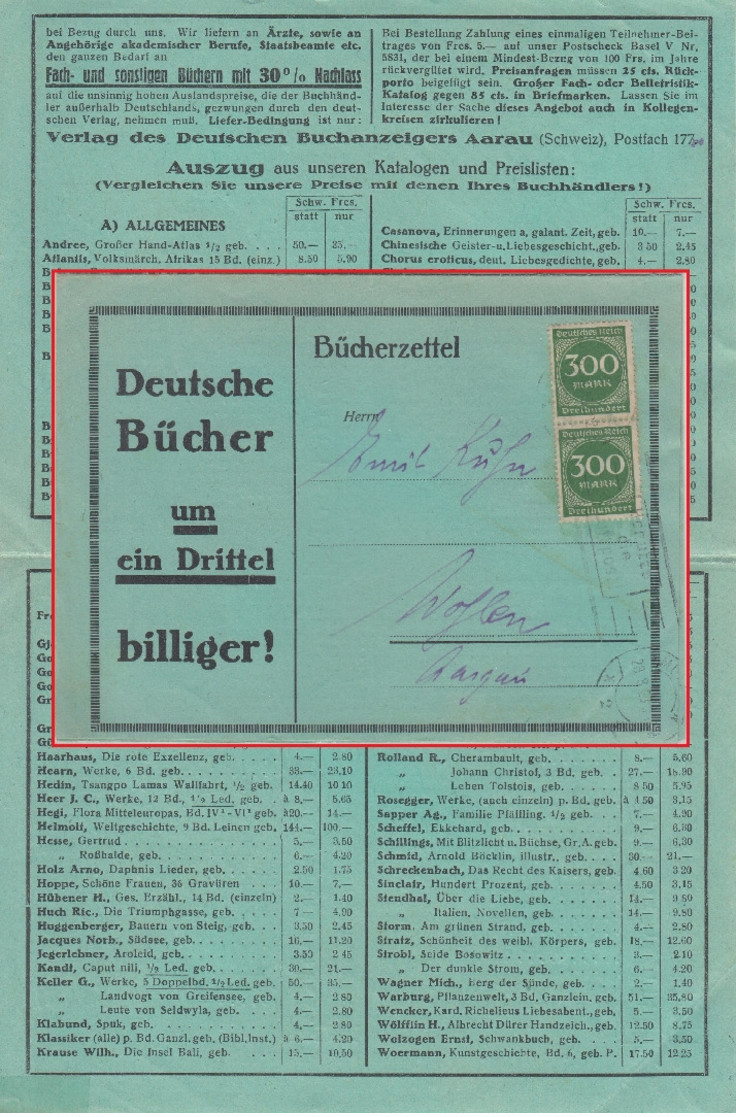 DR-Infla - 2x300 M. Ziffer Bücherzettel I.d. SCHWEIZ München - Wohlen 23.8.23 - Covers & Documents