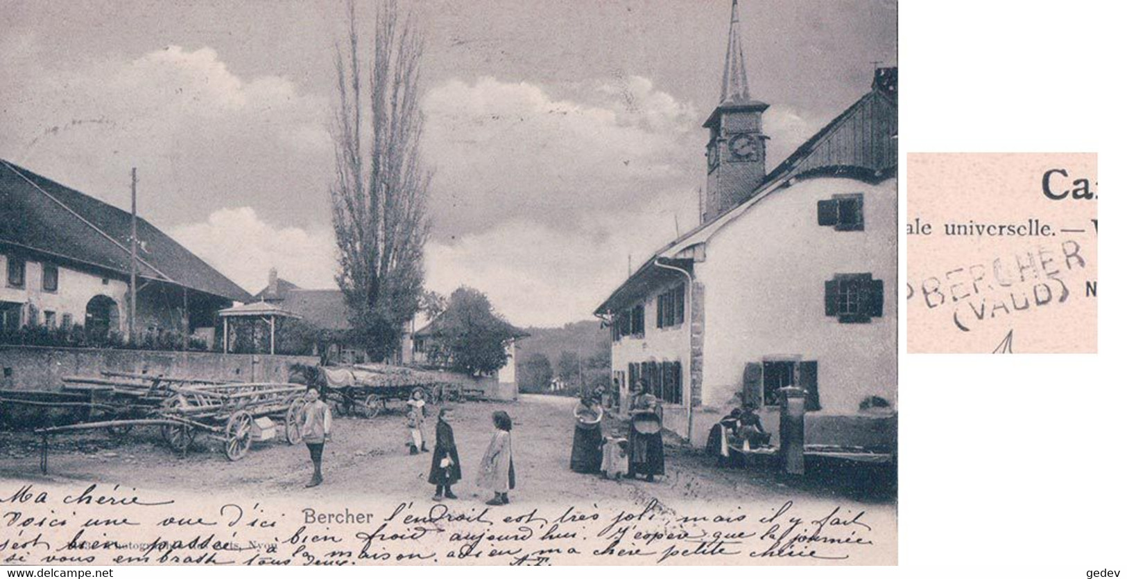 Bercher VD, Café Et Rue Animées Et Attelage, Cachet Linéaire BERCHER VAUD (11.8.1902 - Bercher