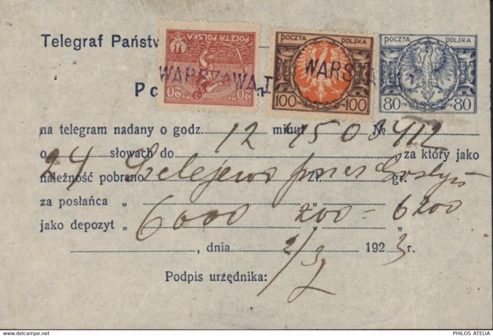 Pologne Entier Poczta Polska Telegraf Panstwowy Pokwitowanie Aigle Bleu 80 M + YT 226 + 229 Inflation 2 3 1923 Warszawa - Postwaardestukken