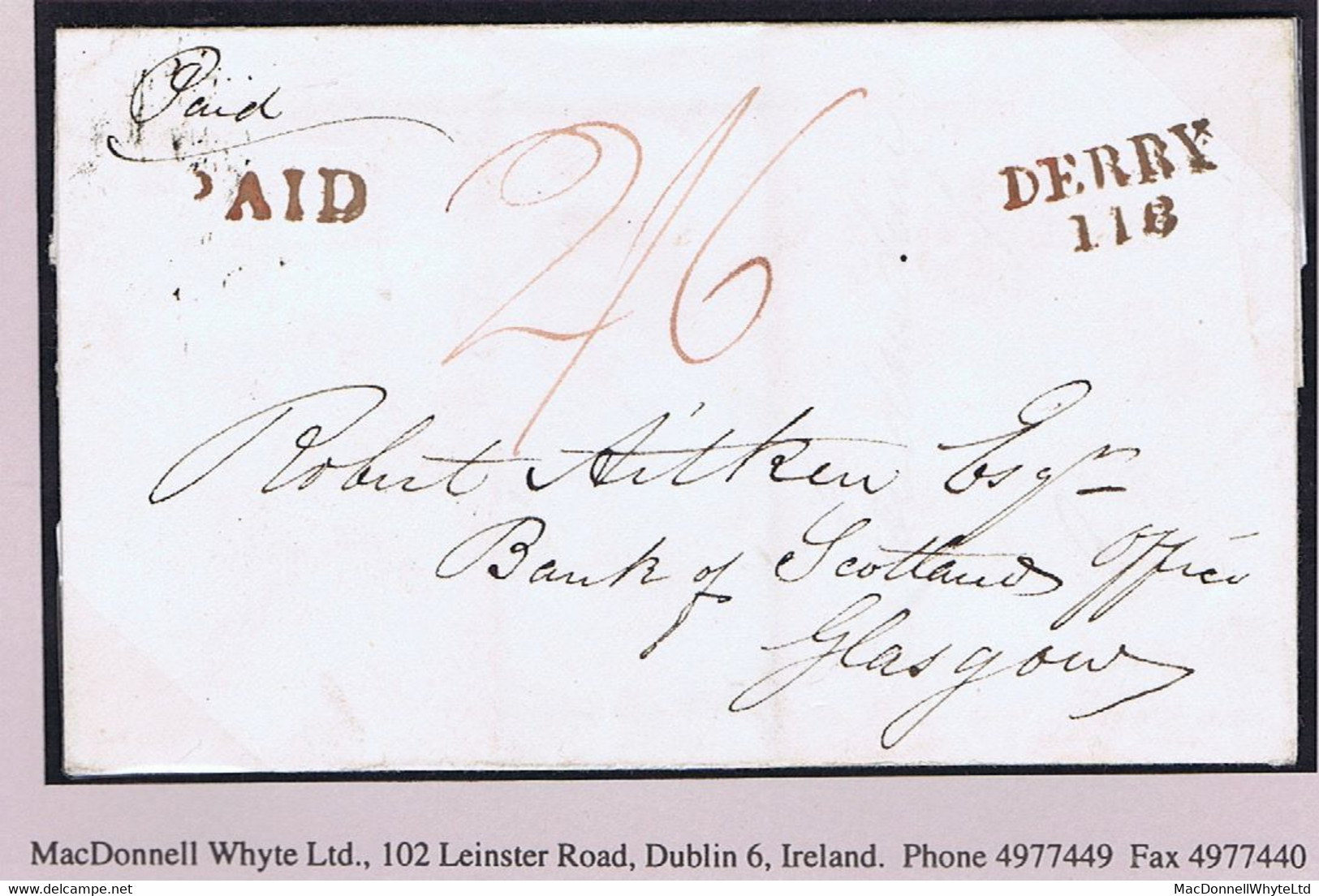 Ireland Derry 1831 Small Unframed PAID Of Derry With DERRY 118 Mileage Mark On Banking Cover To Glasgow - Prephilately