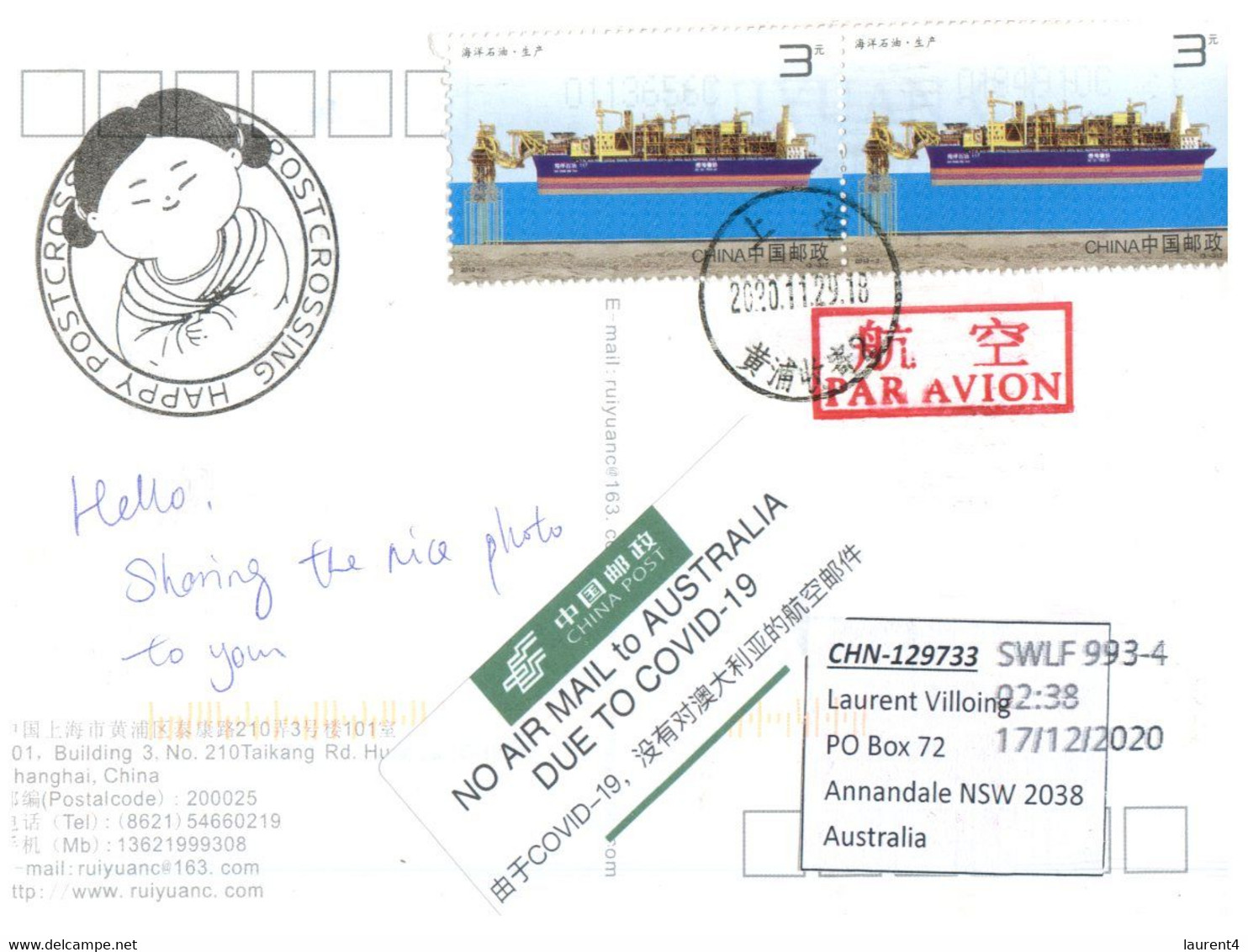 (BB 6) Postcard Posted From China To Australia (no Air Mail Due To COVID-19 Sticker) - Ziekte