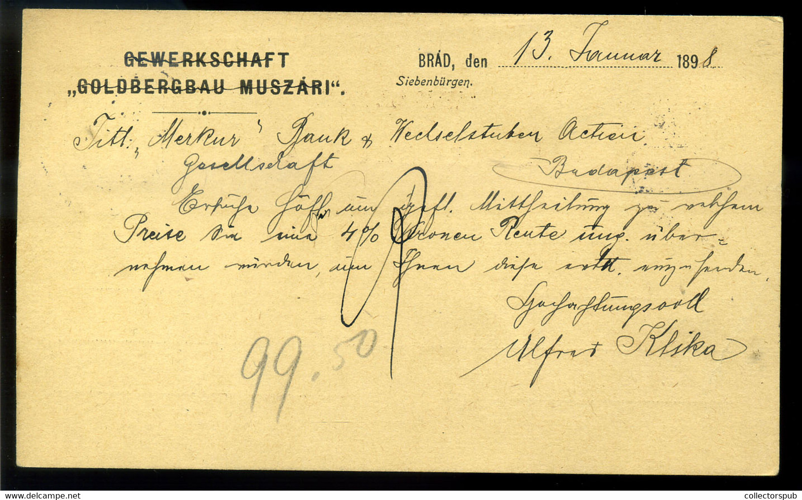 BRÁD 1898. Szép Krajcáros Céges Levelezőlap Budapestre Küldve - Brieven En Documenten